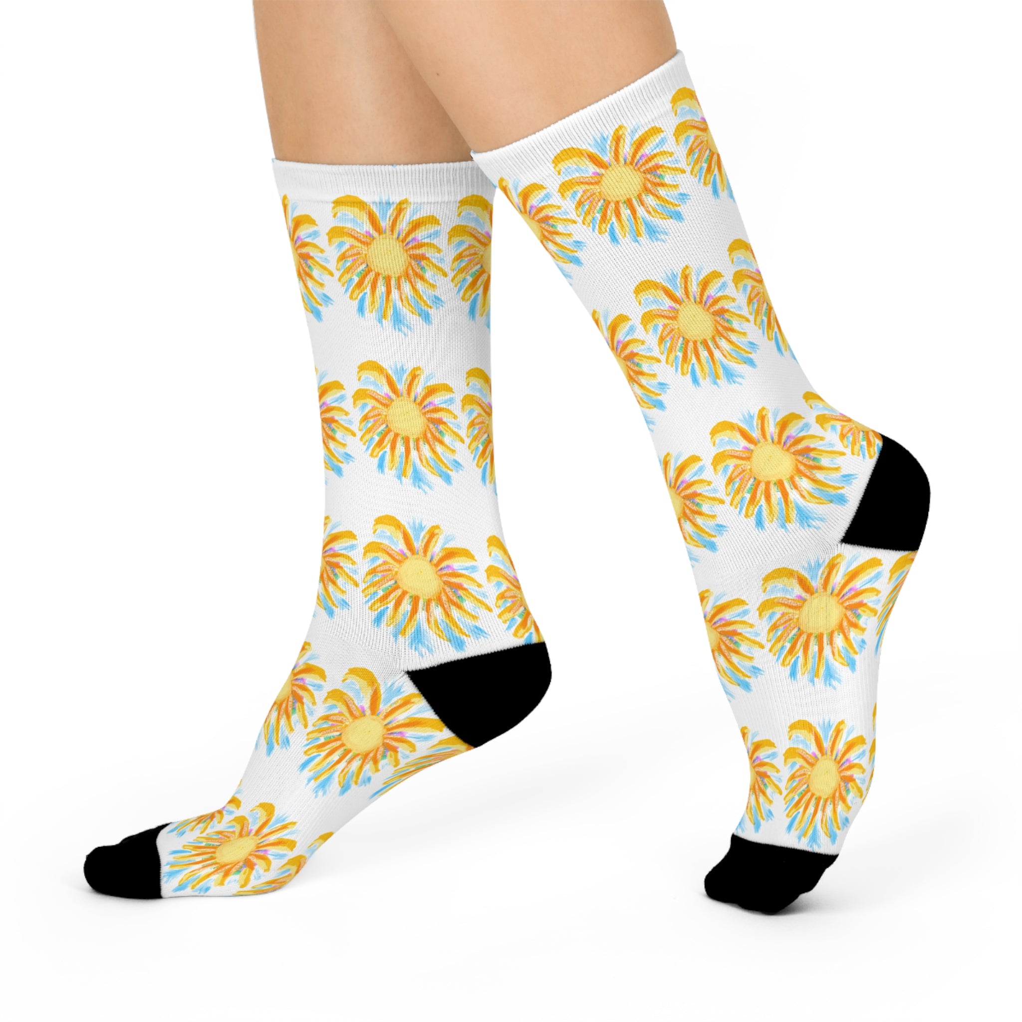 Sunburst Floral Crew Socks — Yellow Blue Sunshine Pattern Cushioned Socks