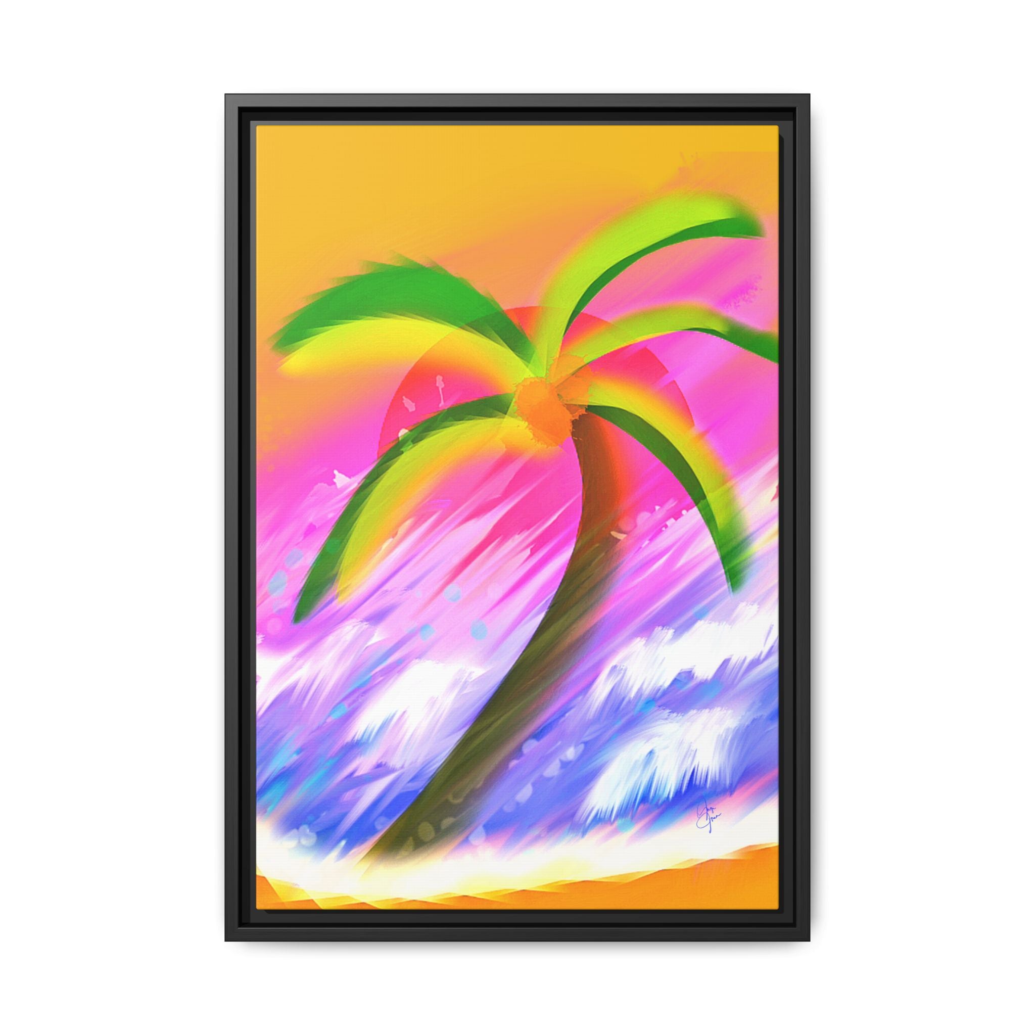 Framed Matte Canvas Print — Neon Palm Beach Art