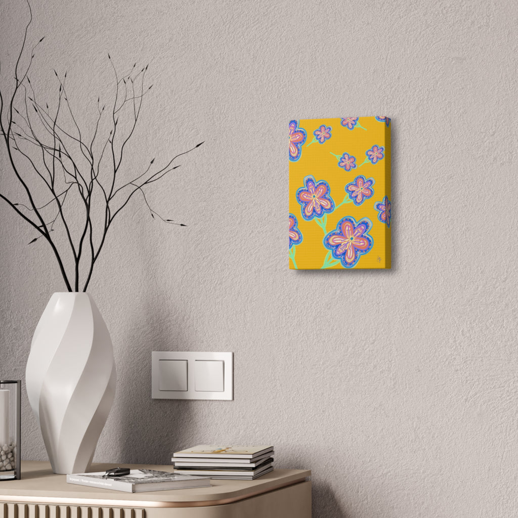 Floral Pop Canvas — Bright Blue Hand-Drawn Flowers Stretched Canvas