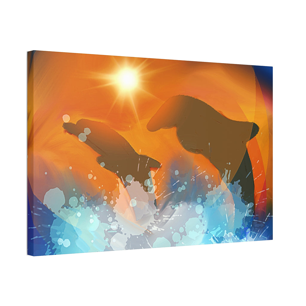 Sunset Dolphin Canvas Wall Art — Vibrant Ocean Sunset Stretch Canvas