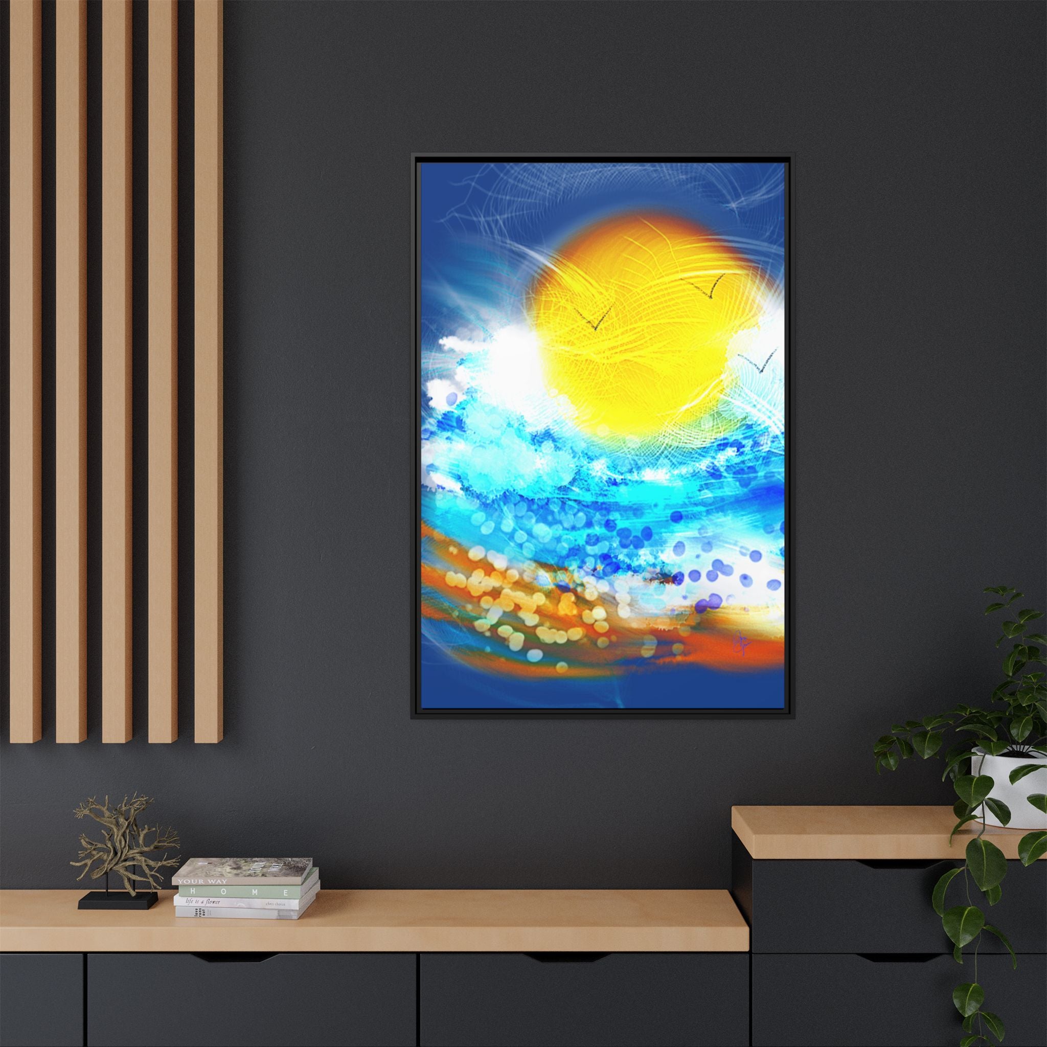 Sunshine Shore Matte Canvas Framed Wall Art — Bright Abstract Beach Print