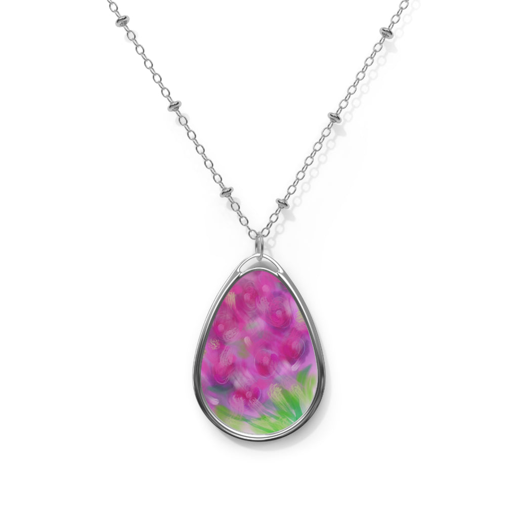 Oval Floral Pendant Necklace — Pink Blossom Teardrop Jewelry