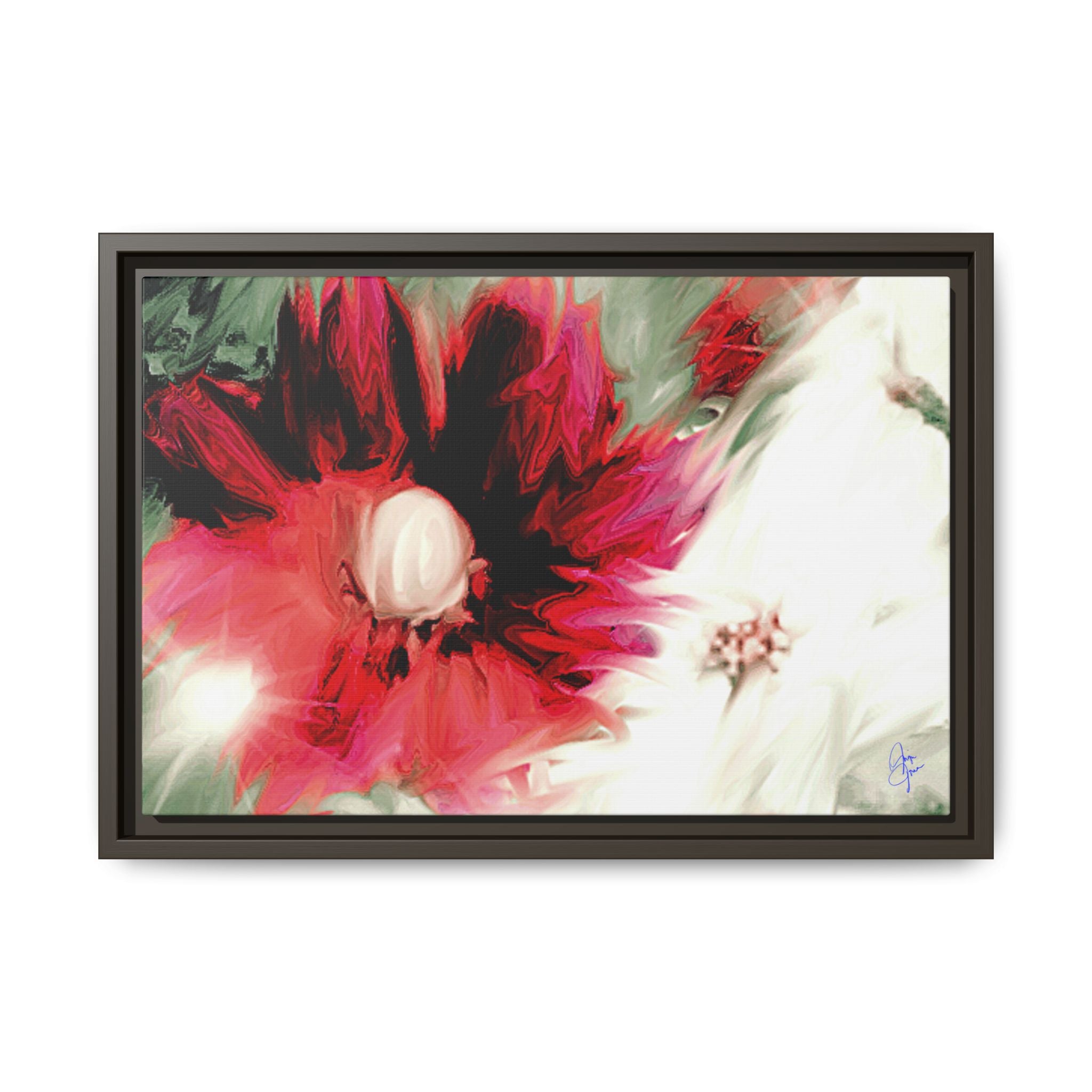 Framed Matte Canvas Print — Blurred Red & White Floral Art