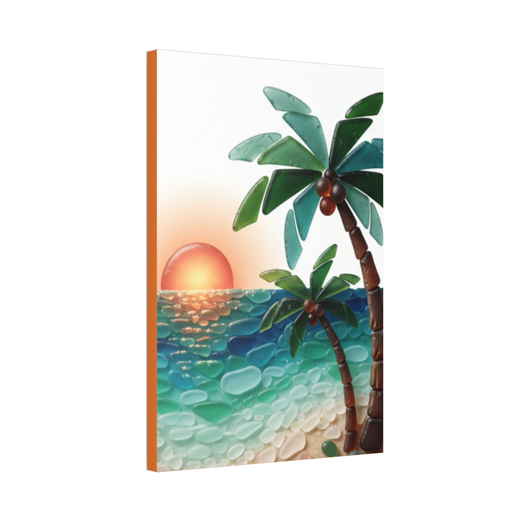 Tropical Sunset Canvas Wall Art — Palm Tree Beach Seascape Stretched Canvas
