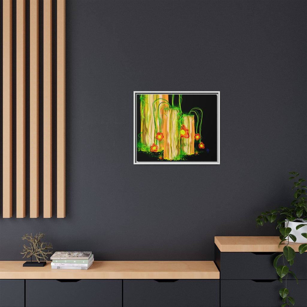 Framed Matte Canvas Print — Neon Floral Candlelight Art