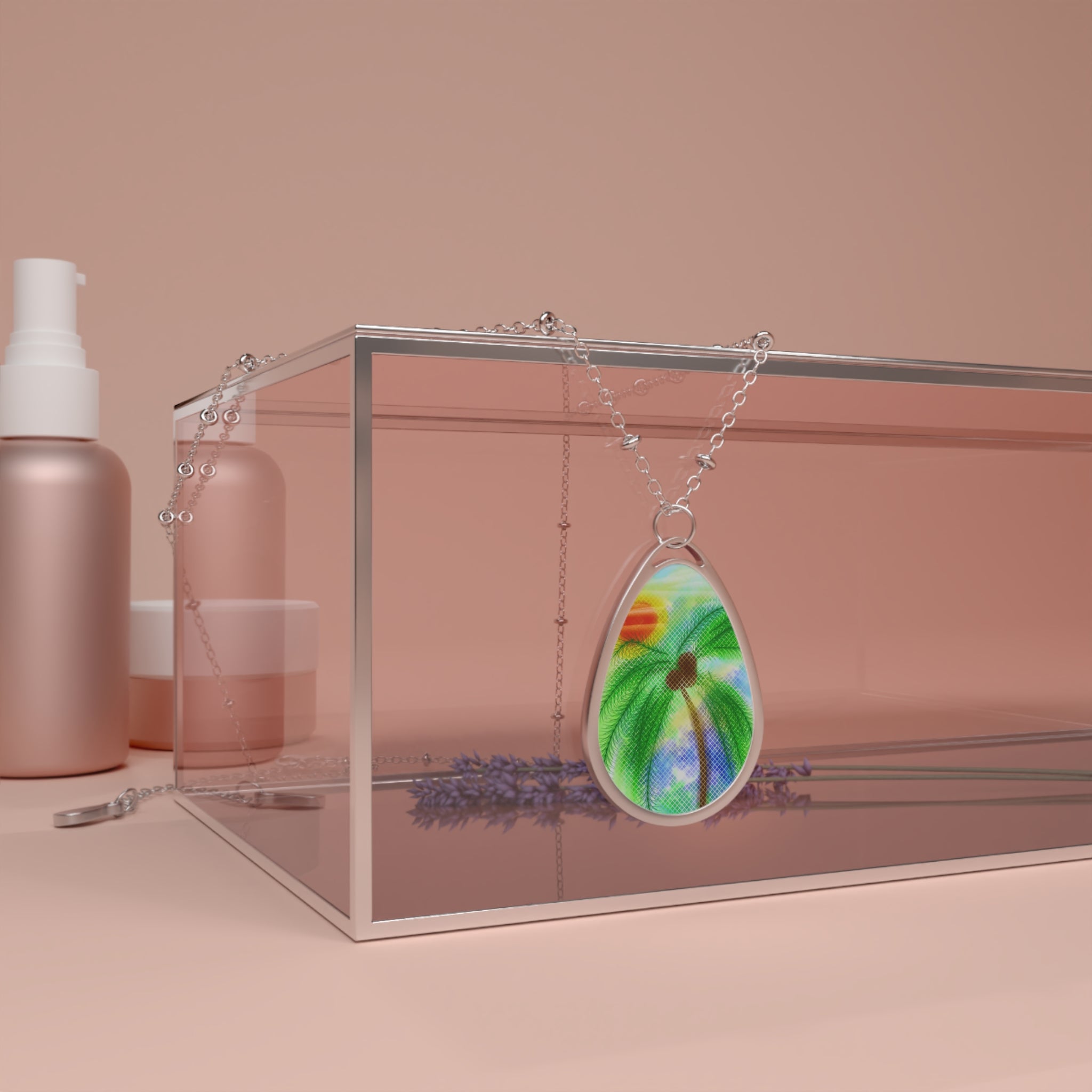 Oval Pendant Necklace — Tropical Palm Watercolor Teardrop Necklace
