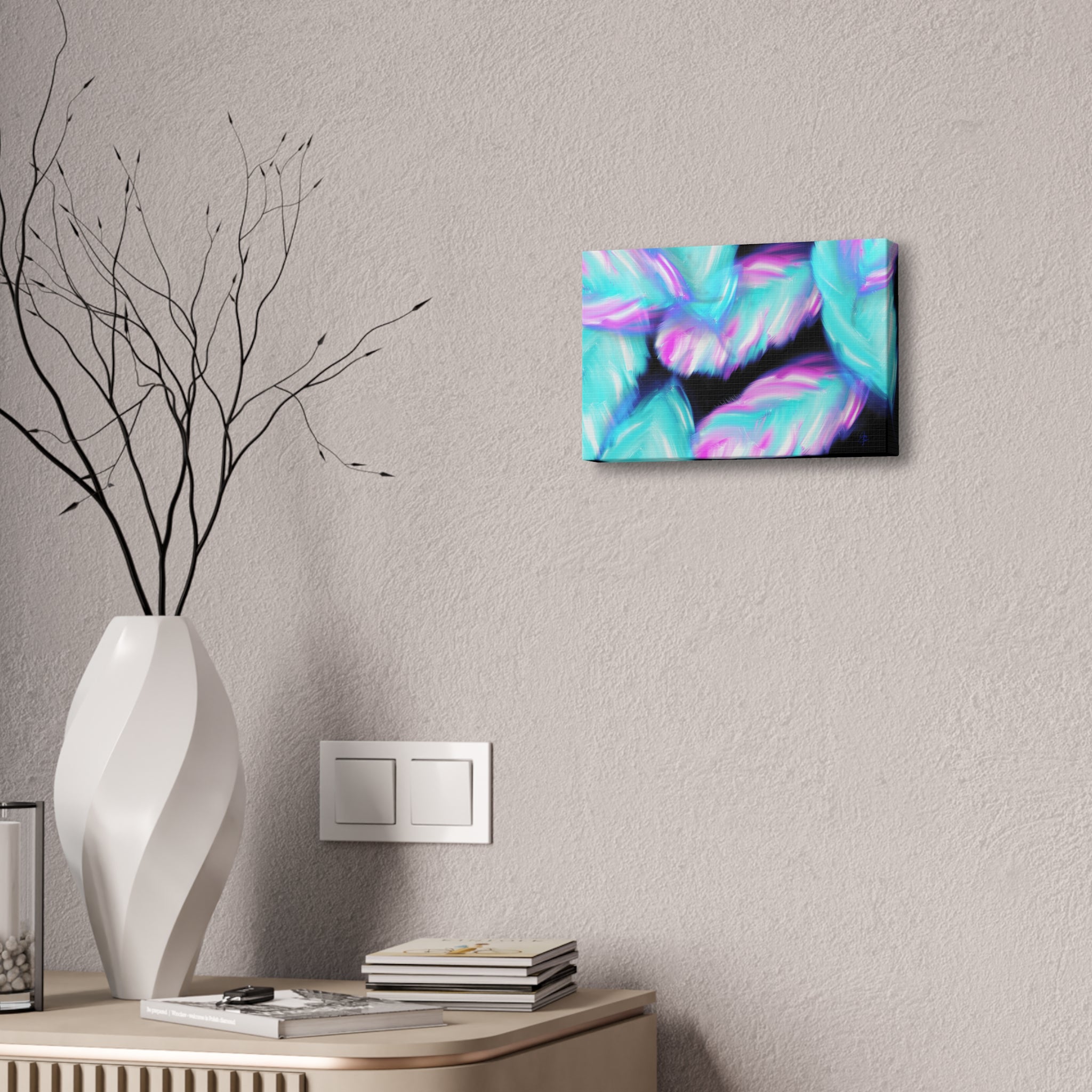 Abstract Neon Feathers Canvas Print — Turquoise & Pink Stretched Wall Art
