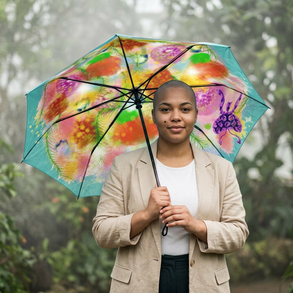 Foldable Umbrella — Colorful Floral Watercolor Print, Semi-Automatic Compact Rain Umbrella