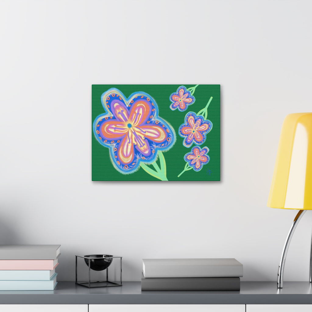 Floral Pop Canvas — Bright Blue Hand-Drawn Flowers Stretched Canvas