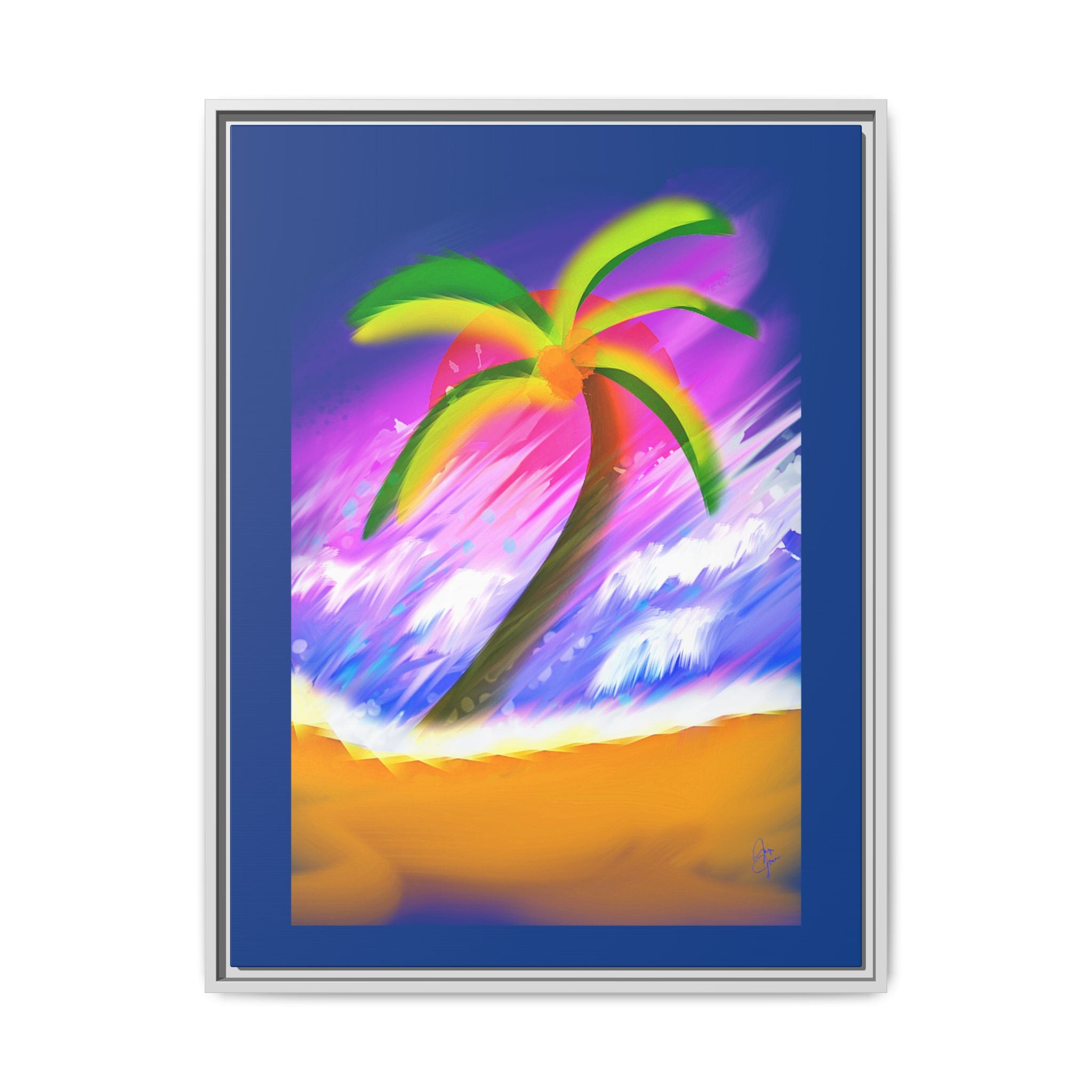 Framed Matte Canvas Print — Neon Palm Beach Art