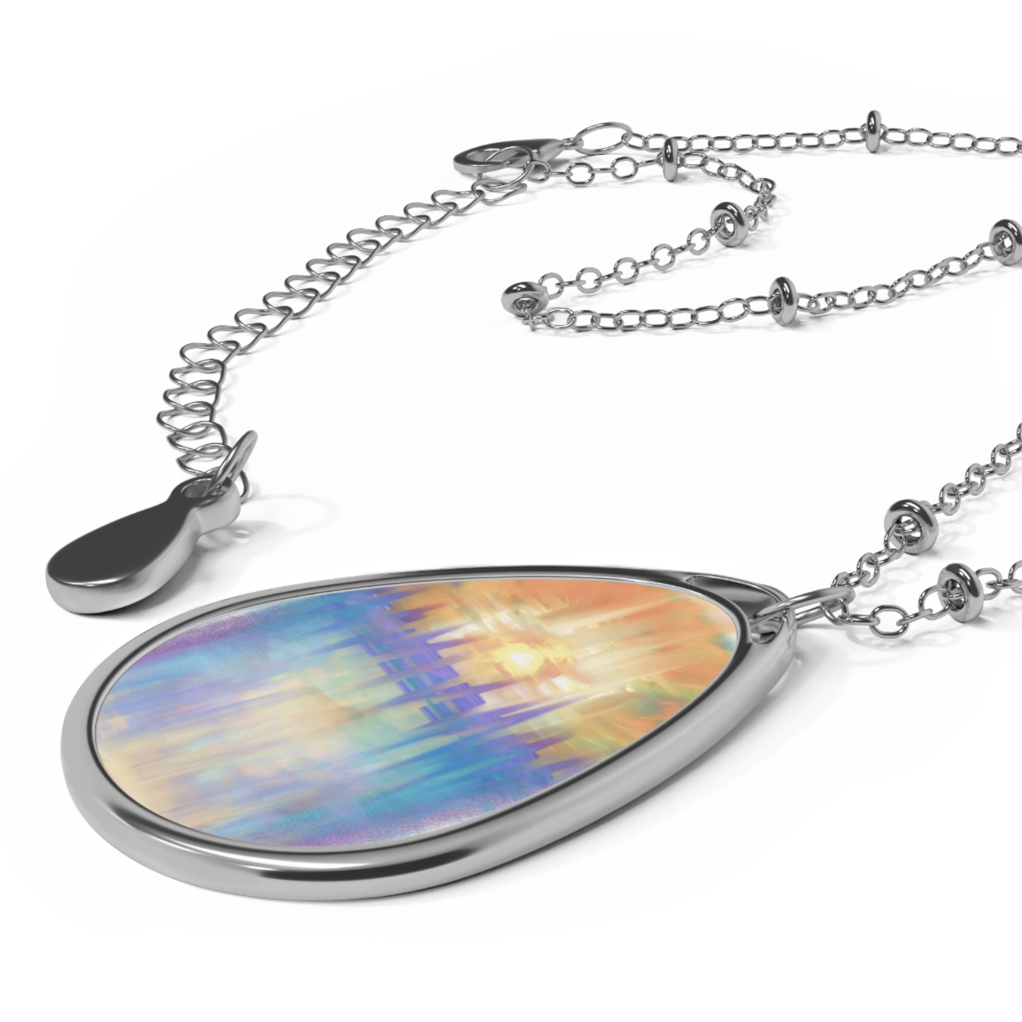 Oval Pendant Necklace — Iridescent Abstract Teardrop Chain