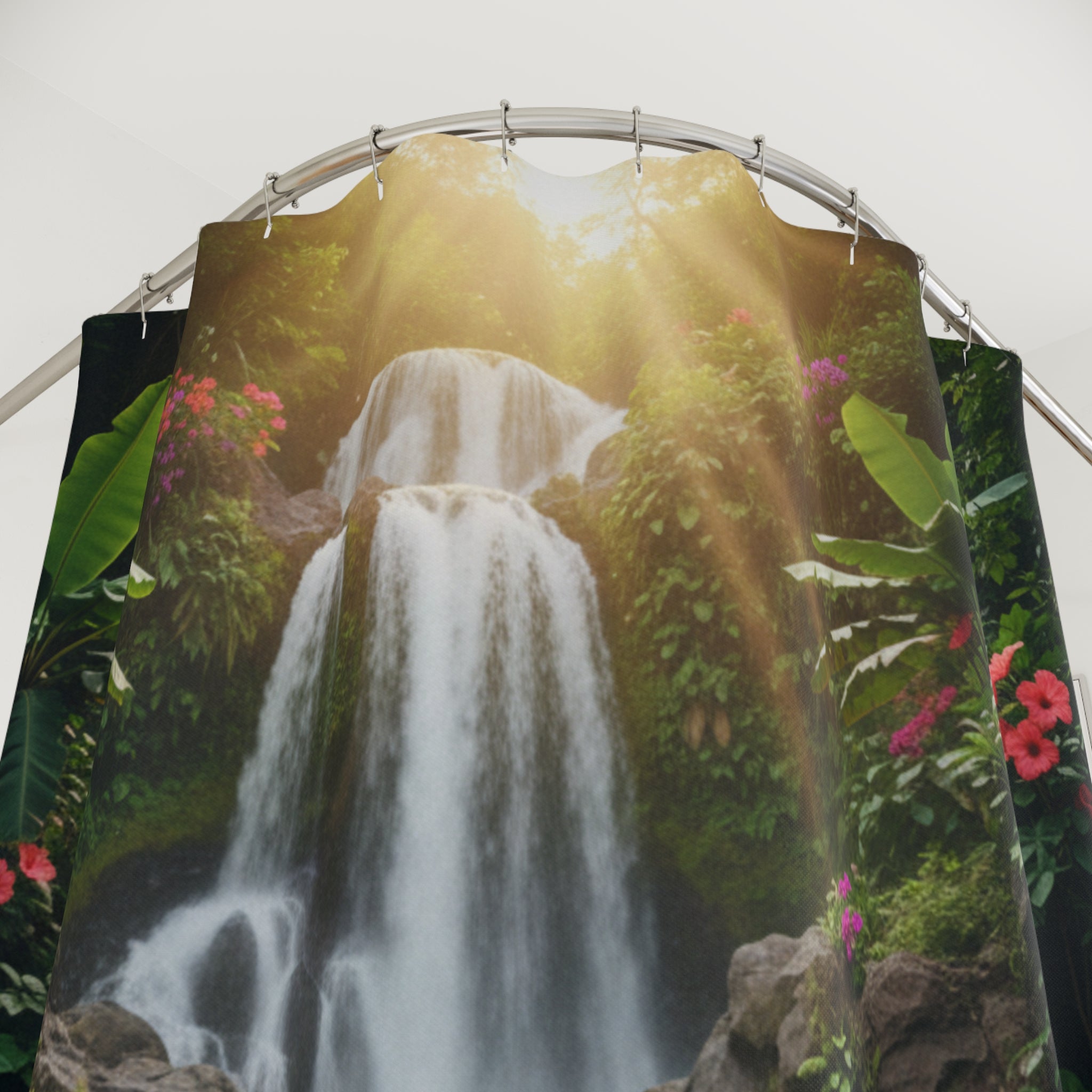 Waterfall Tropical Shower Curtain — Lush Jungle Oasis Bathroom Decor
