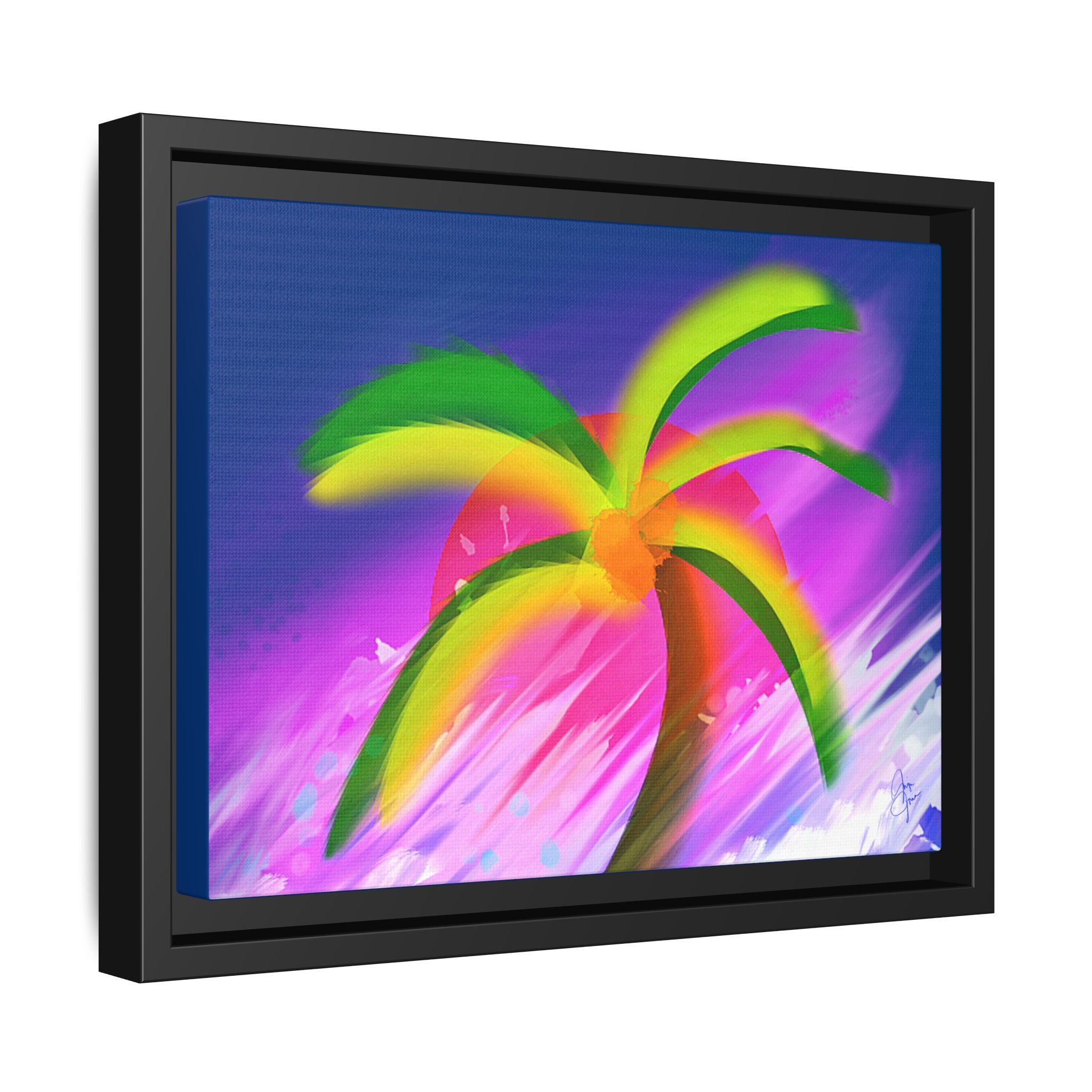 Framed Matte Canvas Print — Neon Palm Beach Art