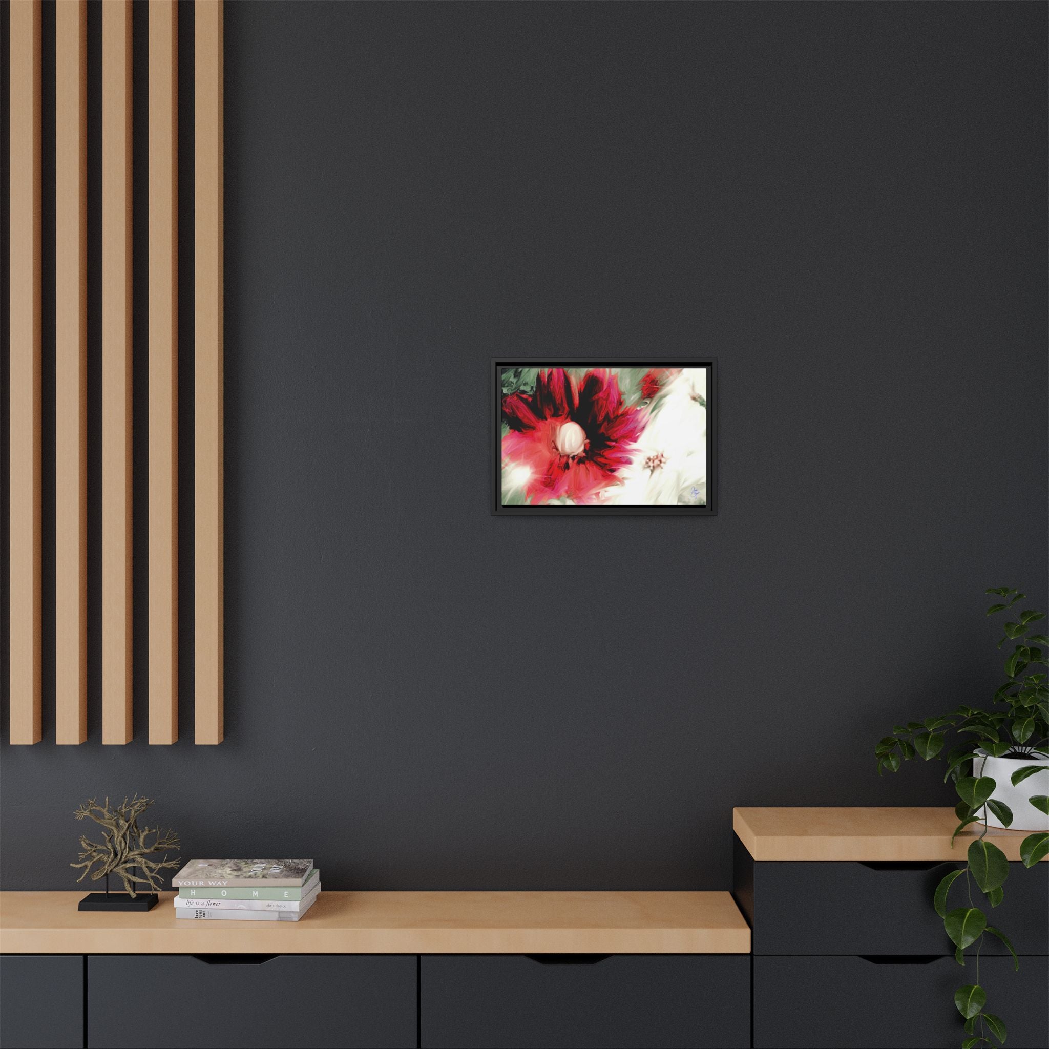 Framed Matte Canvas Print — Blurred Red & White Floral Art