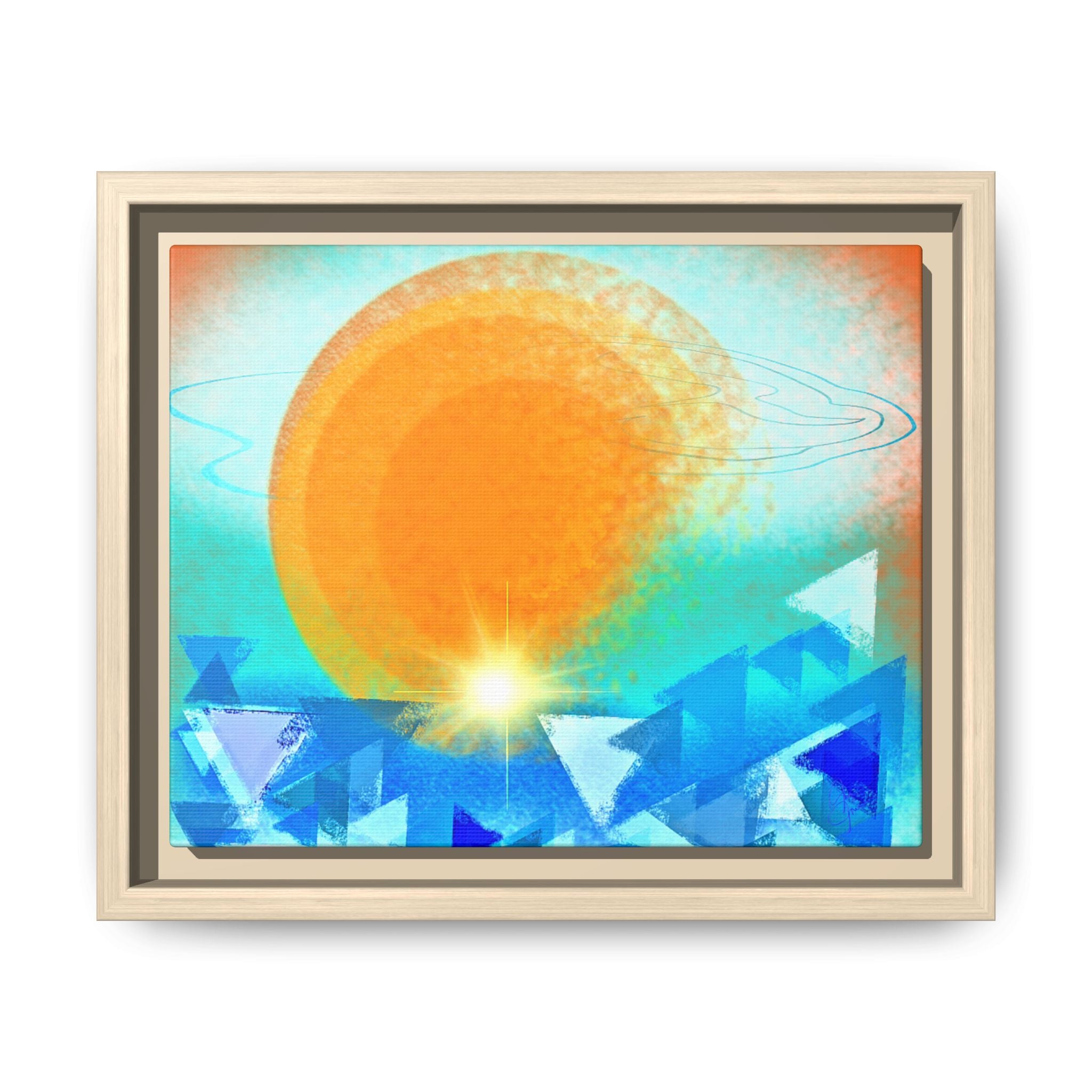 Abstract Sunrise Framed Canvas Art – Orange Sun Over Blue Geometric Waves