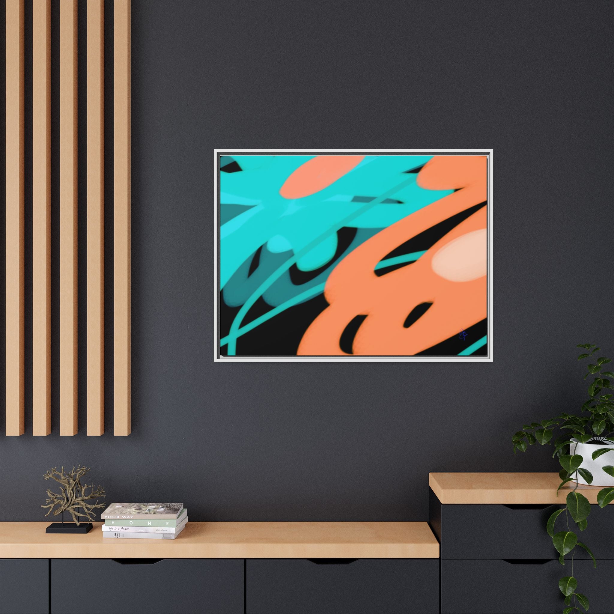 Abstract Teal & Coral Splash Framed Canvas