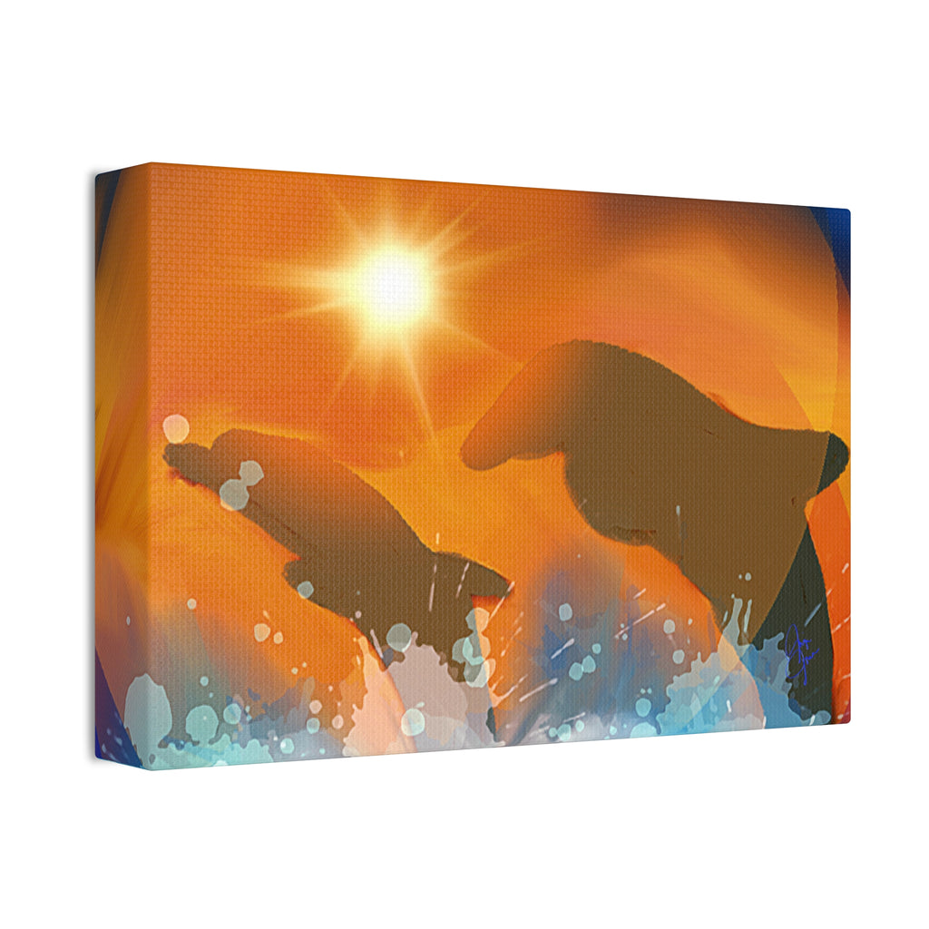 Sunset Dolphin Canvas Wall Art — Vibrant Ocean Sunset Stretch Canvas