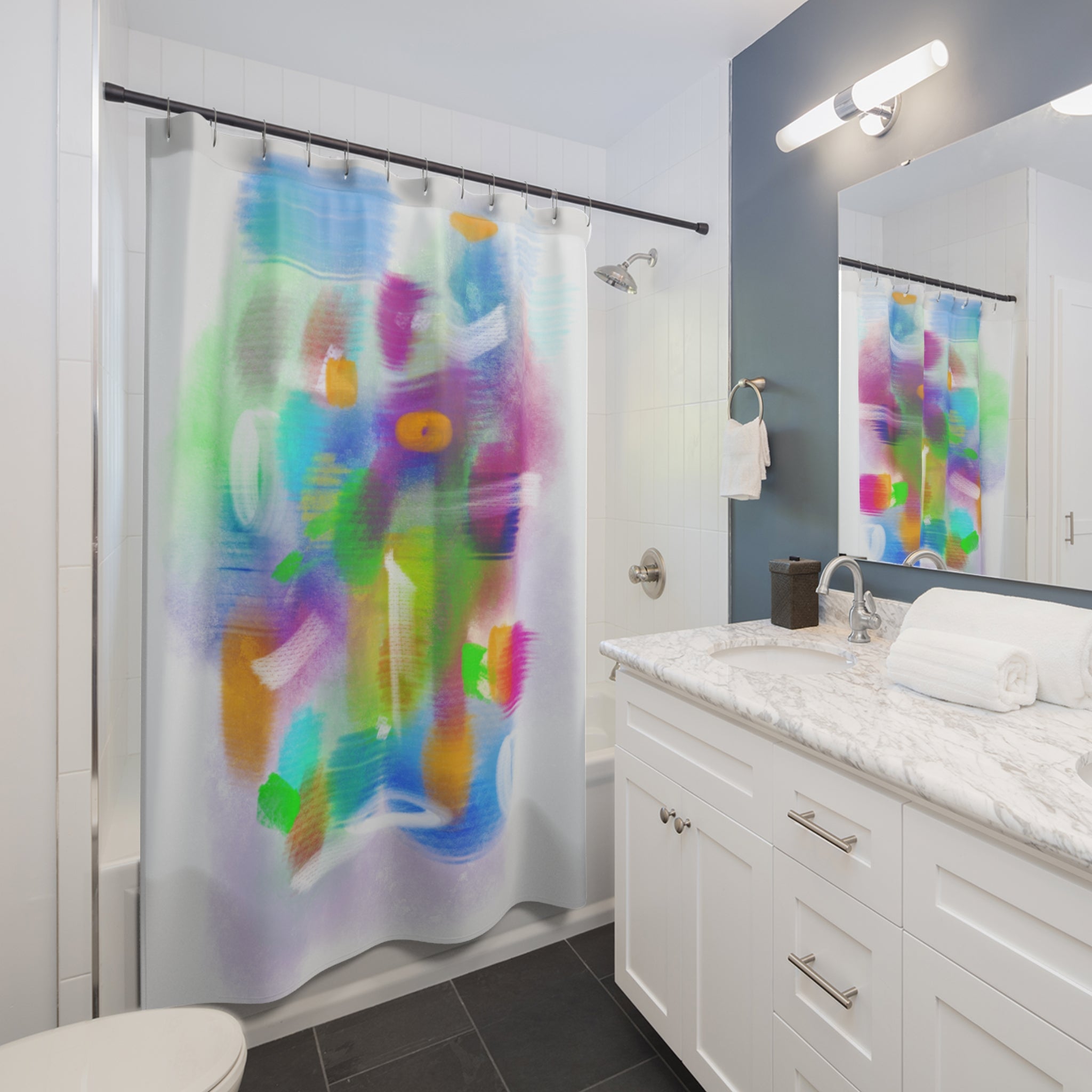 Abstract Watercolor Shower Curtain — Colorful Blurred Floral Bath Decor