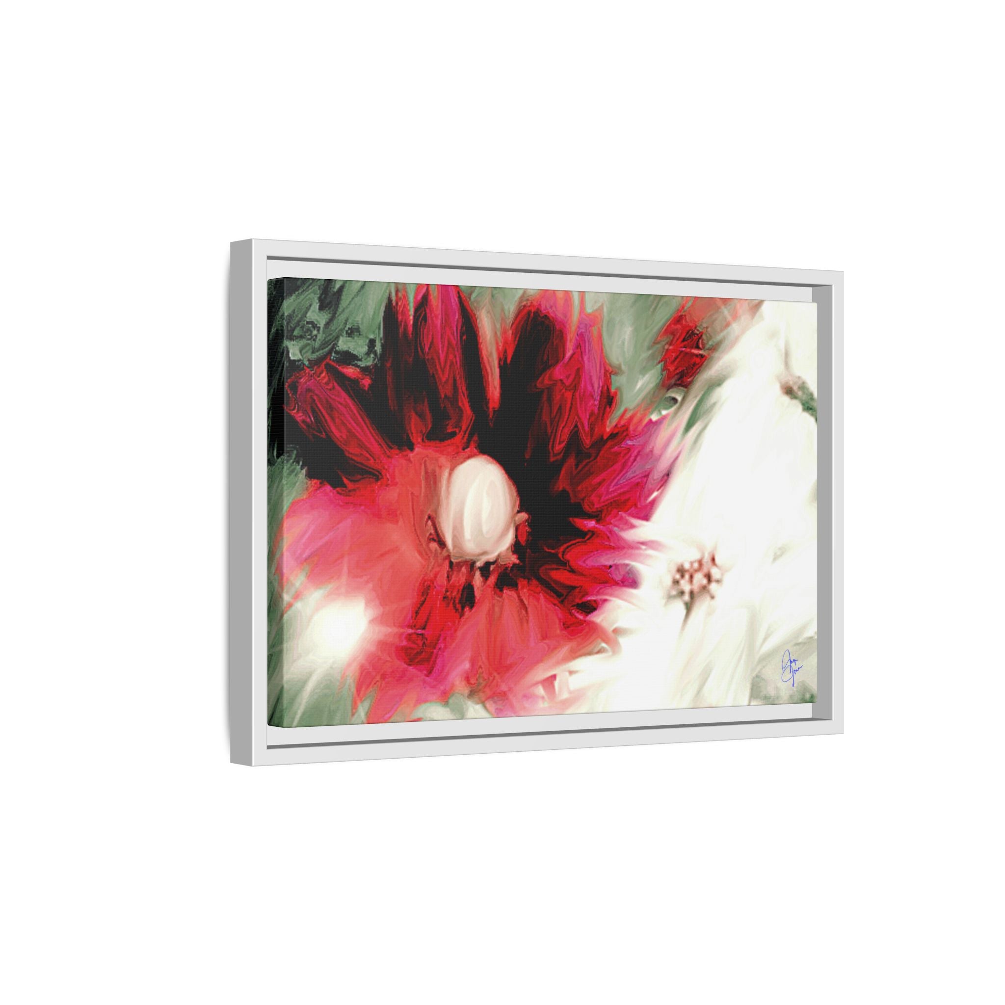 Framed Matte Canvas Print — Blurred Red & White Floral Art