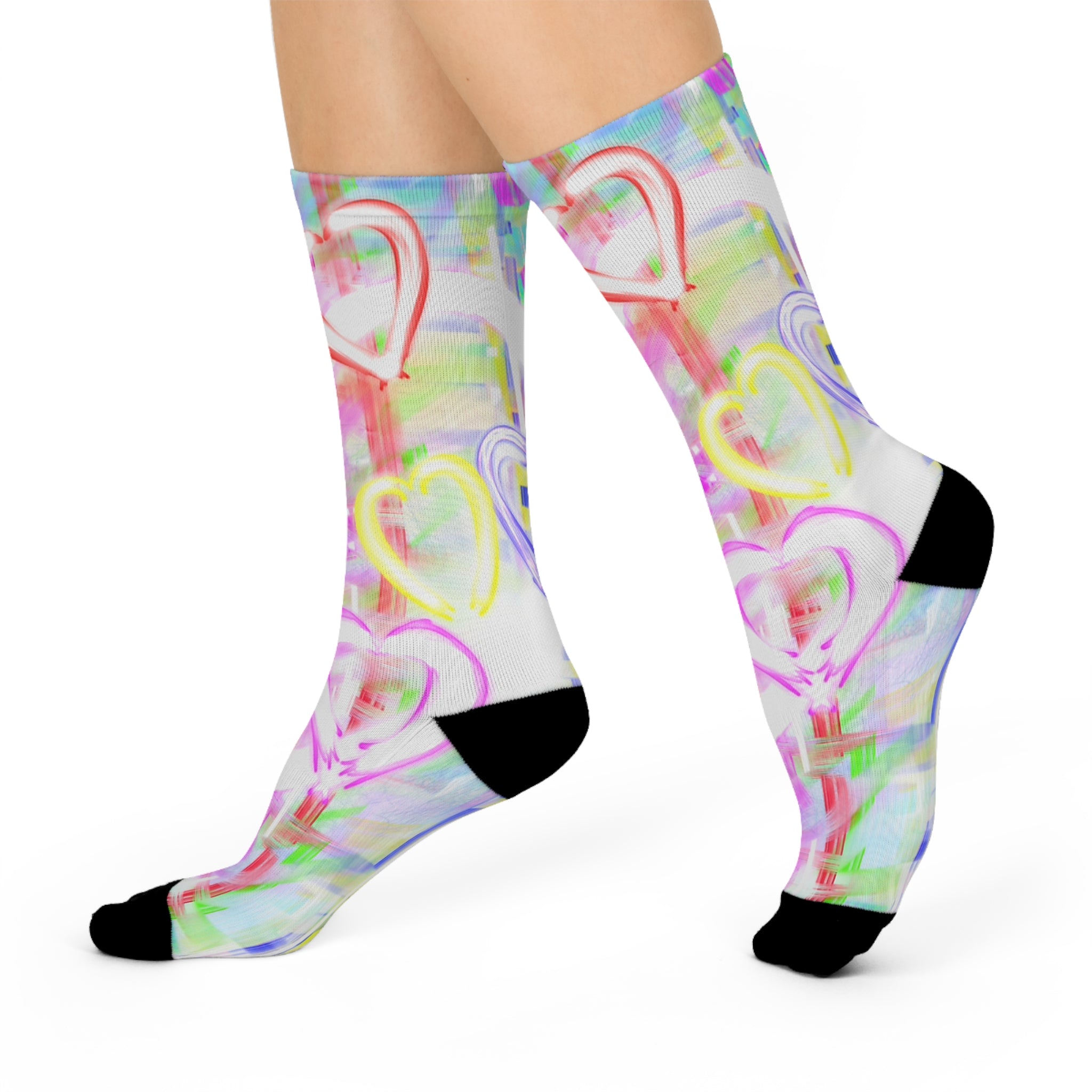 Pastel Heart Cushioned Crew Socks — Colorful Watercolor Hearts Knee-High Socks