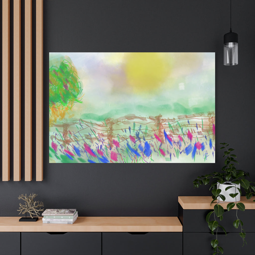 Sunlit Meadow Matte Canvas Wall Art — Pastel Landscape Stretched Canvas