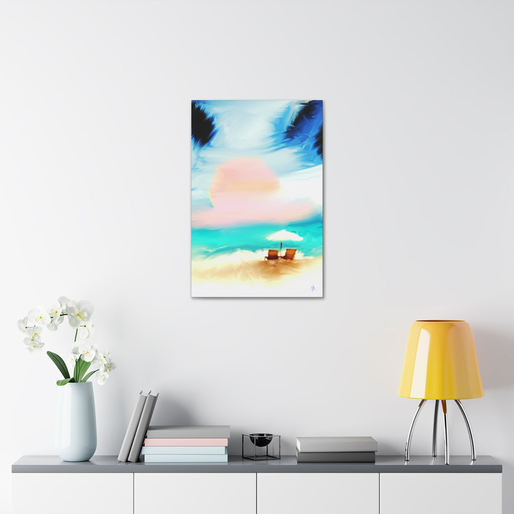 Beach Sunset Canvas Wall Art — Tropical Chairs & Umbrella Stretched Canvas