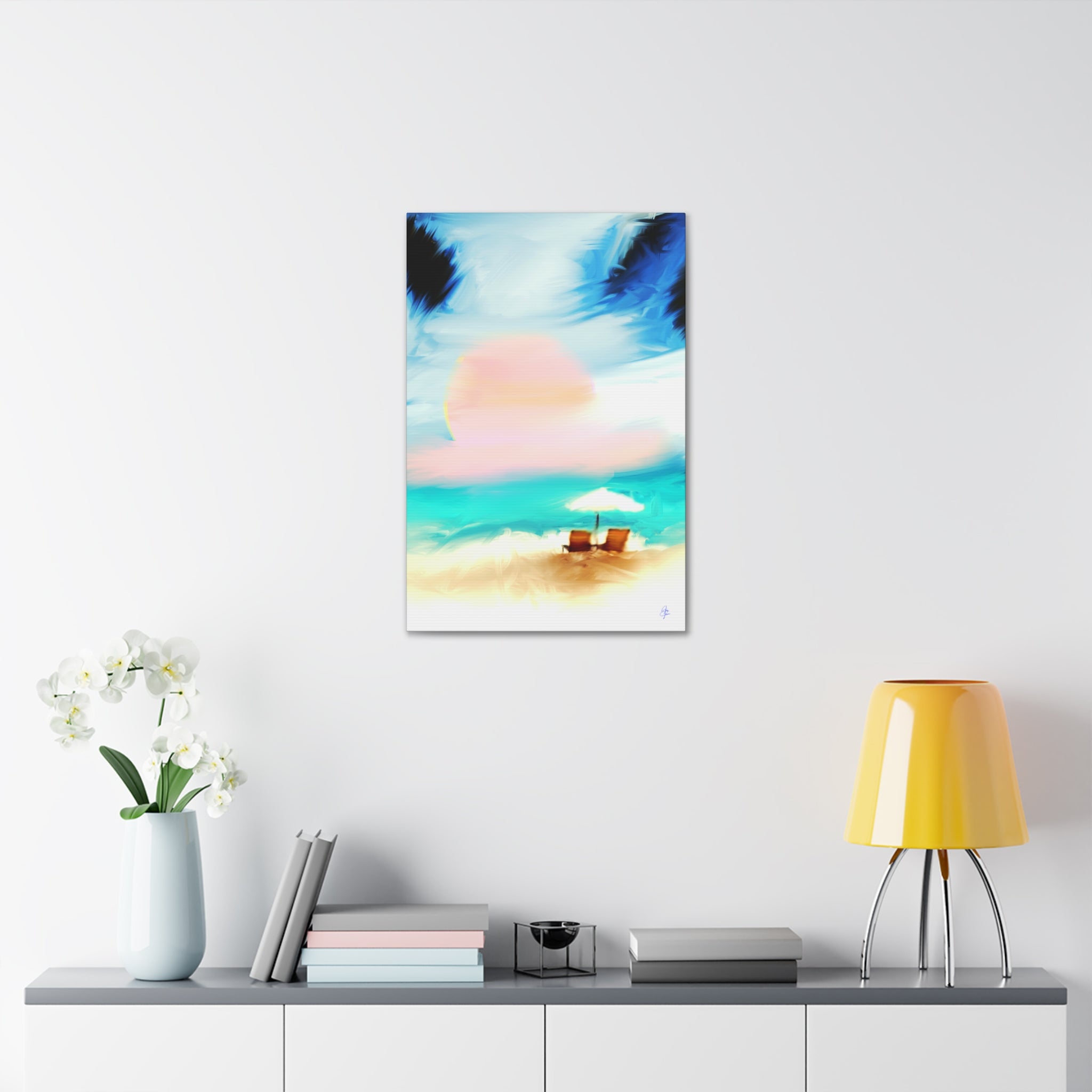 Beach Sunset Canvas Wall Art — Tropical Chairs & Umbrella Stretched Canvas