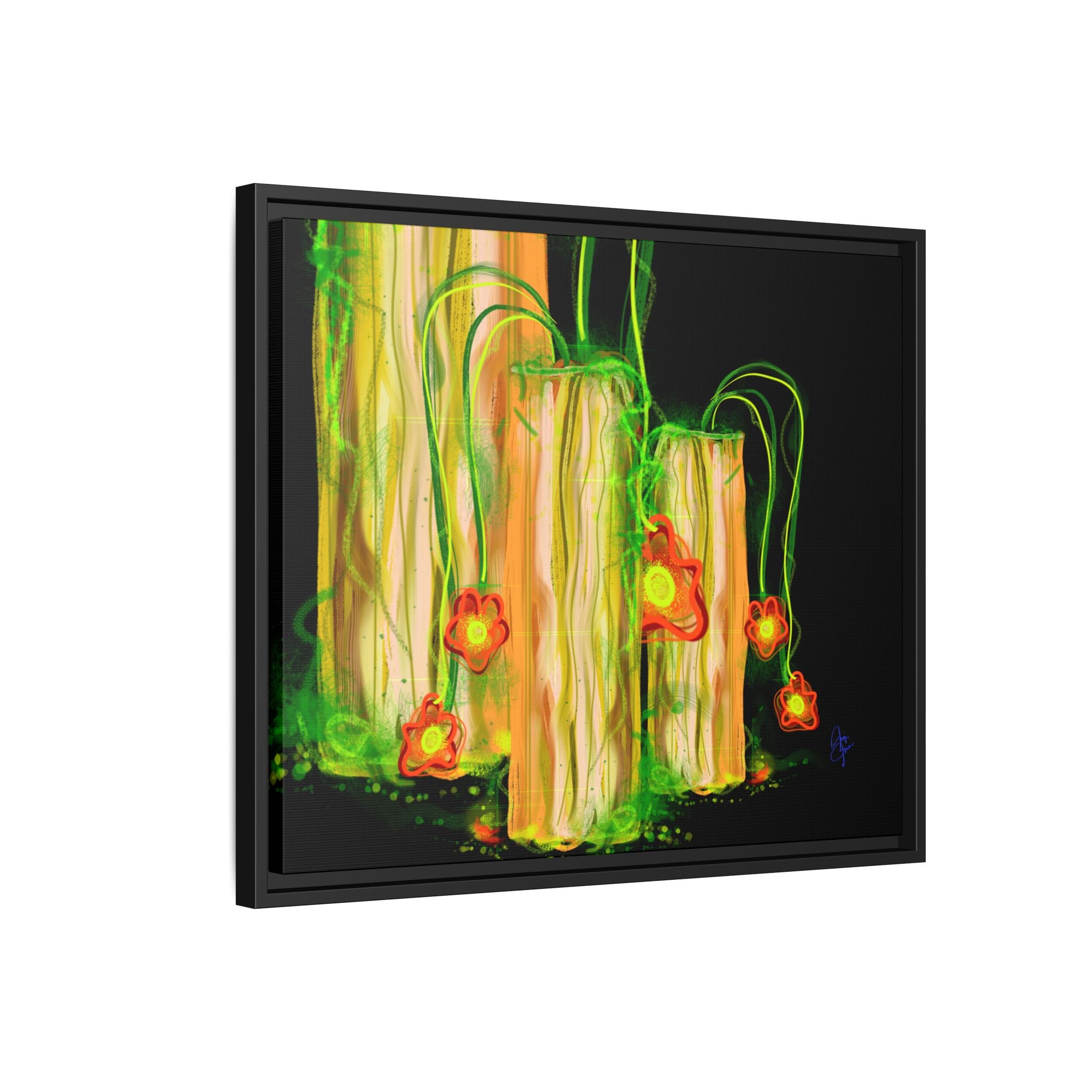 Framed Matte Canvas Print — Neon Floral Candlelight Art