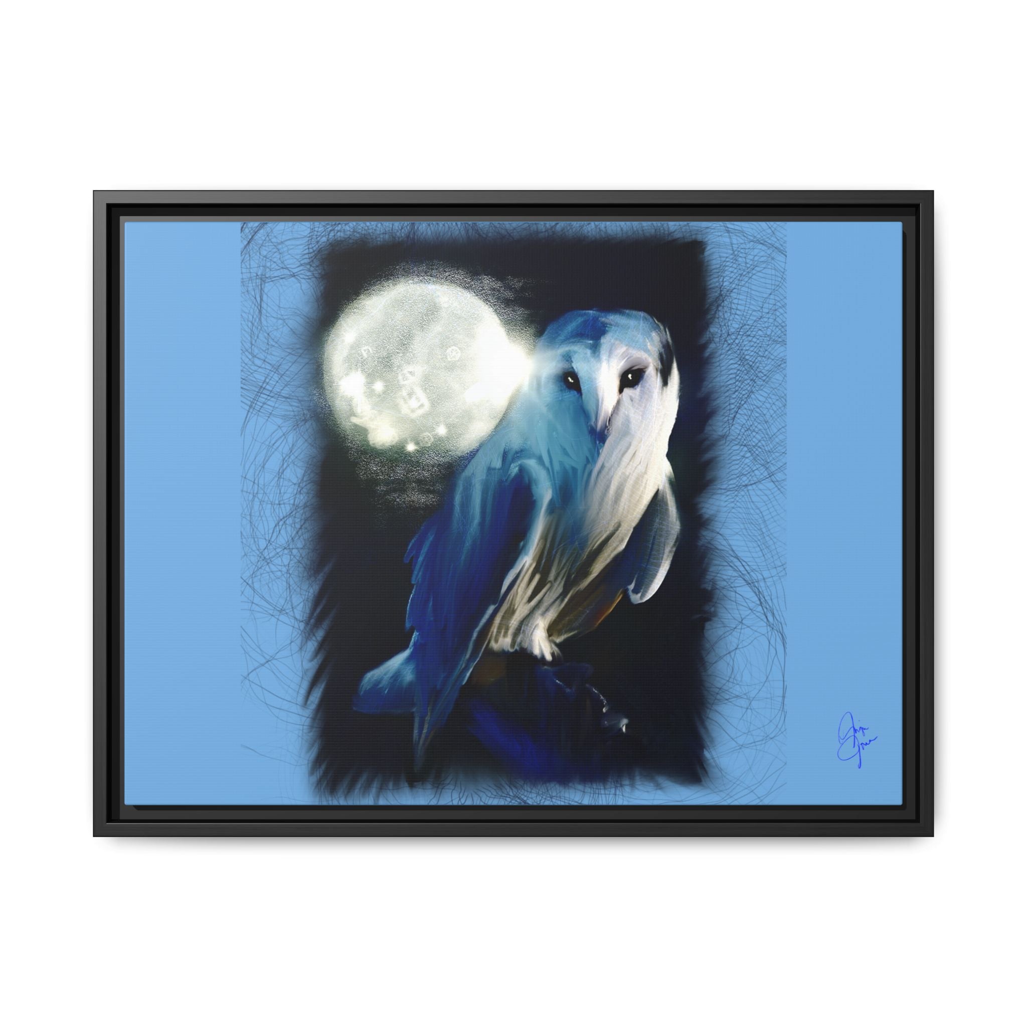 Moonlight Owl Matte Framed Canvas — Mystical Blue Owl Wall Art