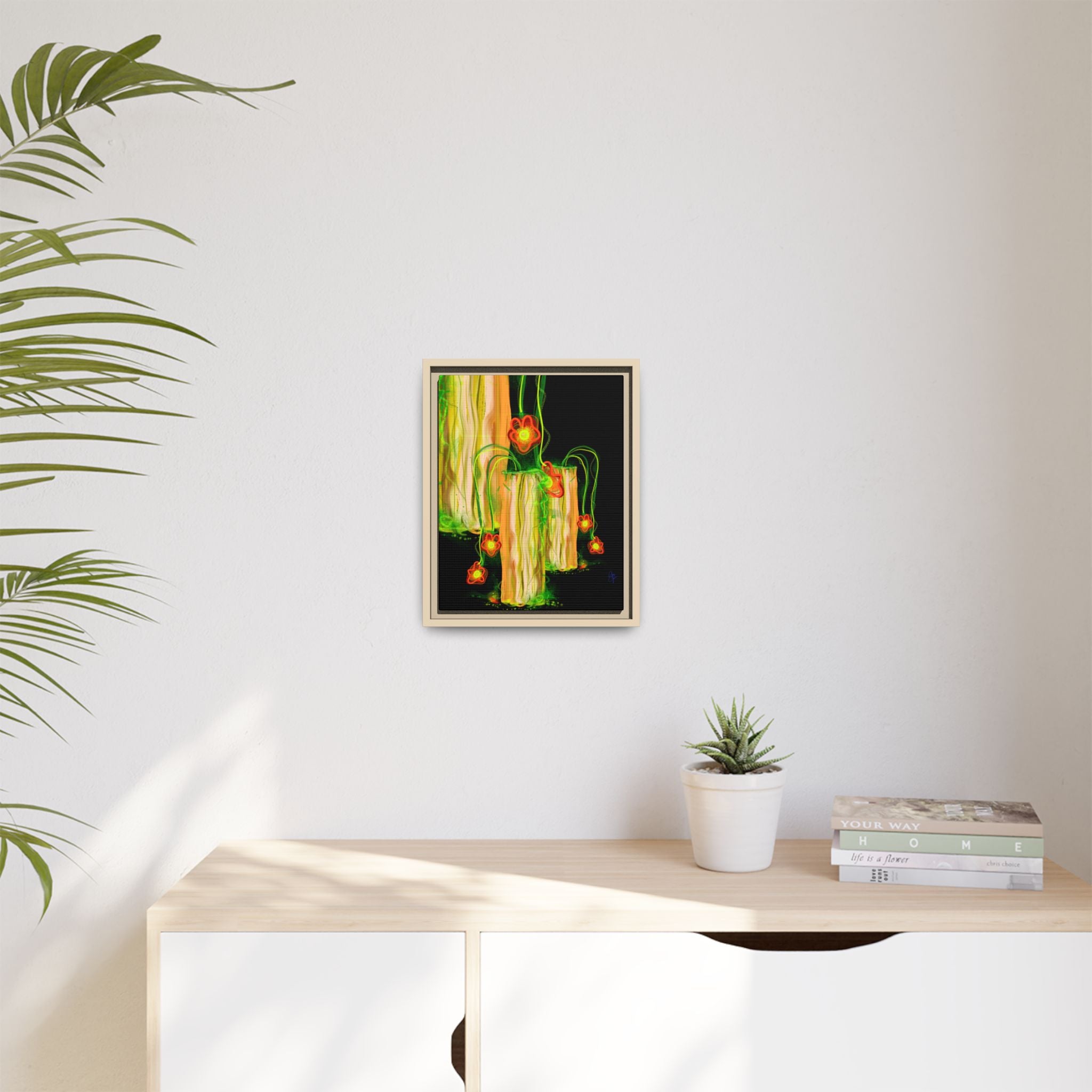 Framed Matte Canvas Print — Neon Floral Candlelight Art