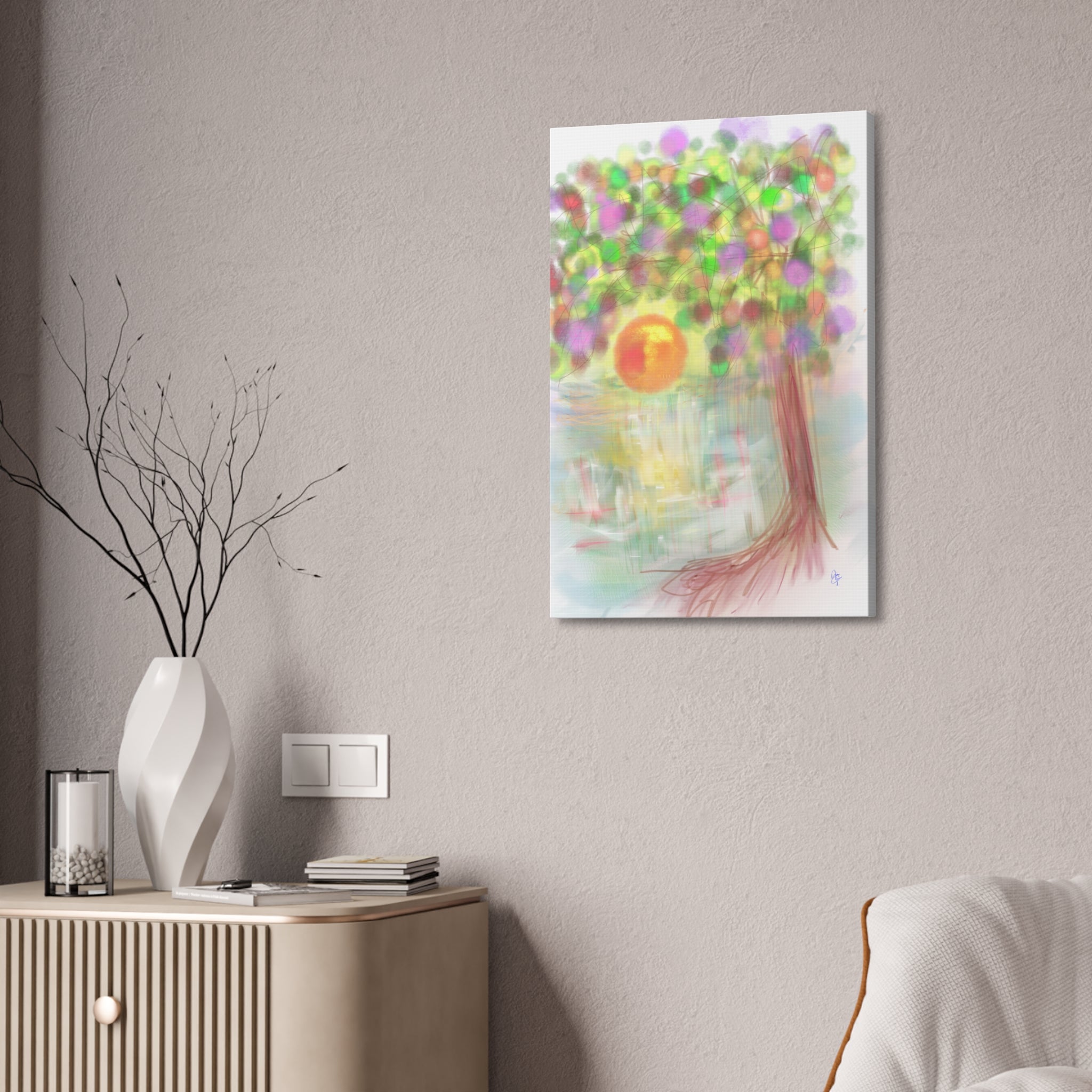 Canvas Art Print — Colorful Abstract Tree with Sun, Stretched Canvas 1.5"