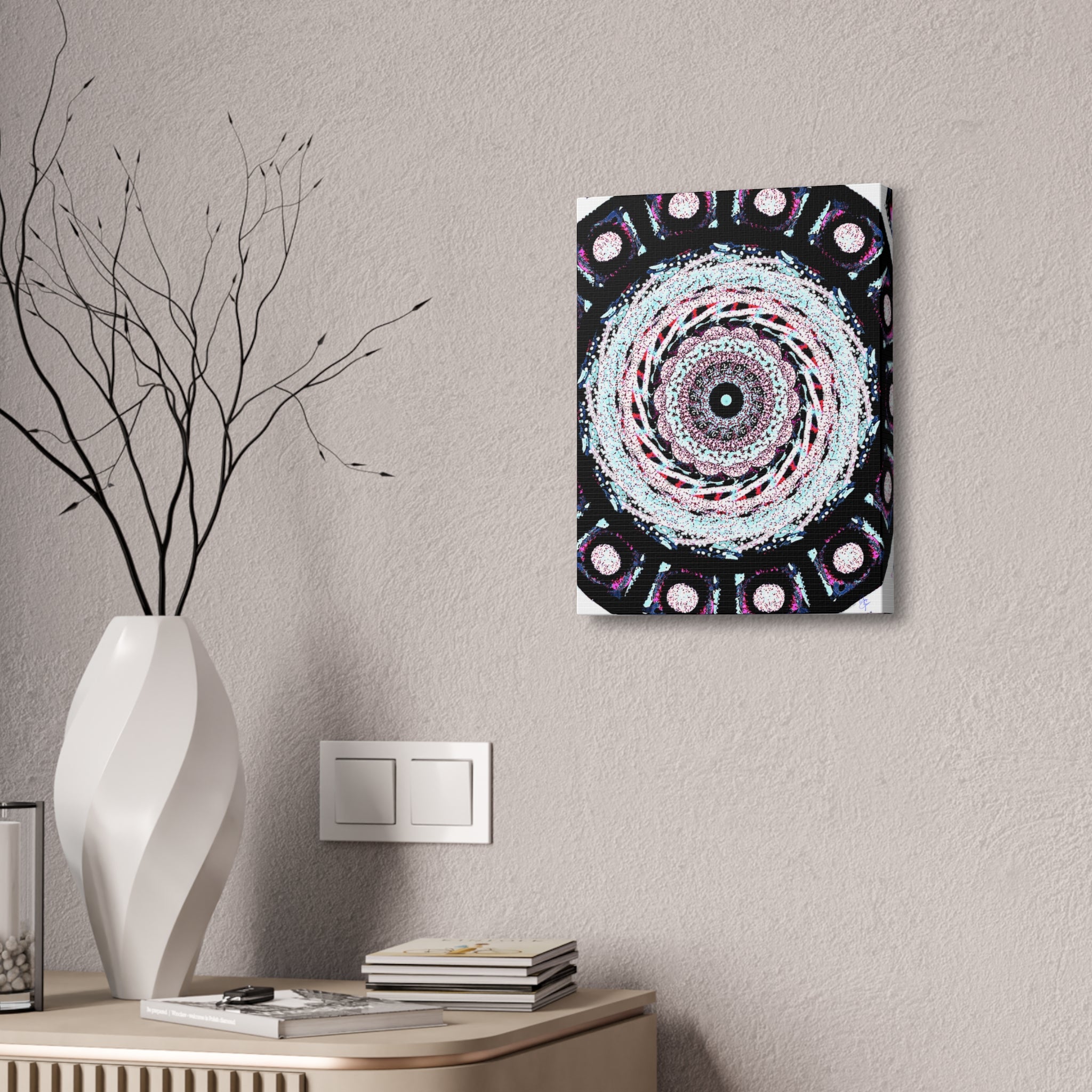 Mandala Kaleidoscope Canvas Wall Art — Psychedelic Pink & Teal Stretched Canvas (1.5")