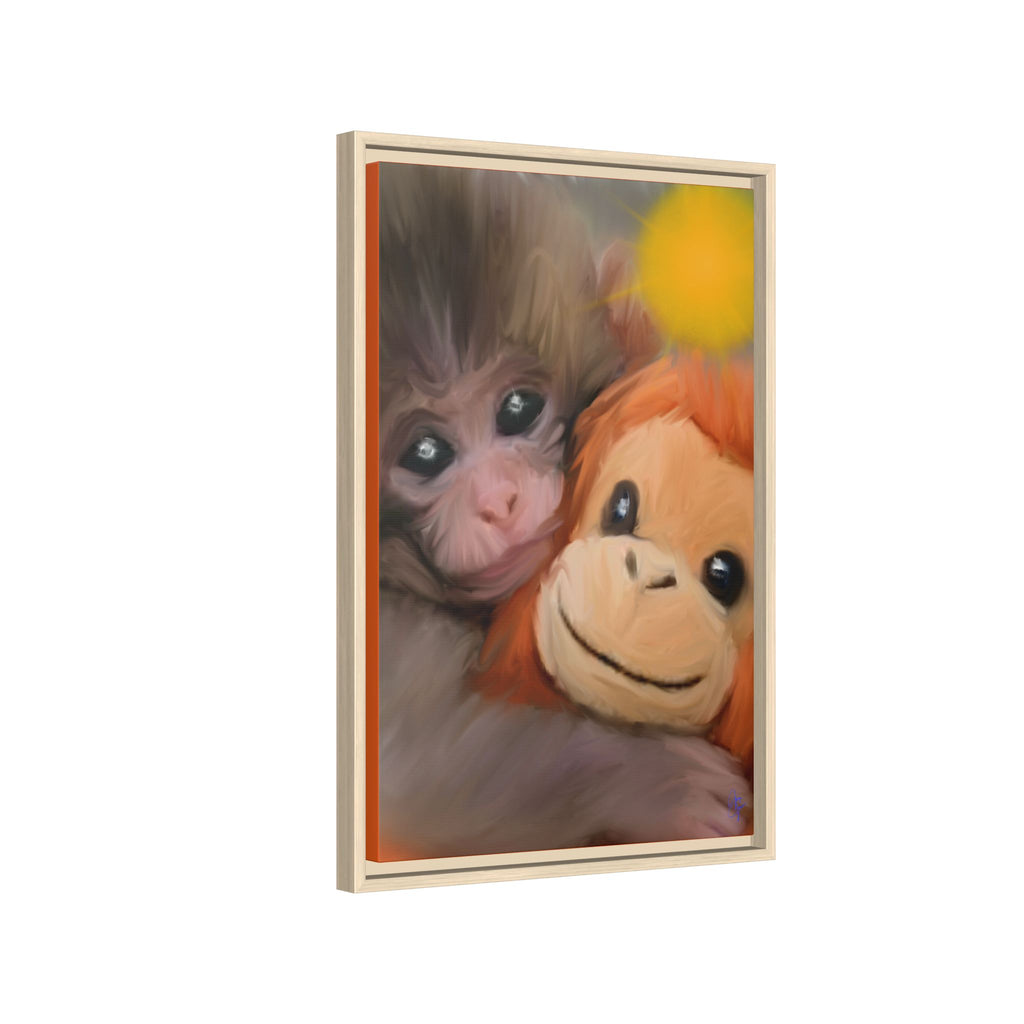 Framed Matte Canvas Print — Baby Monkey & Plush Orangutan Wall Art