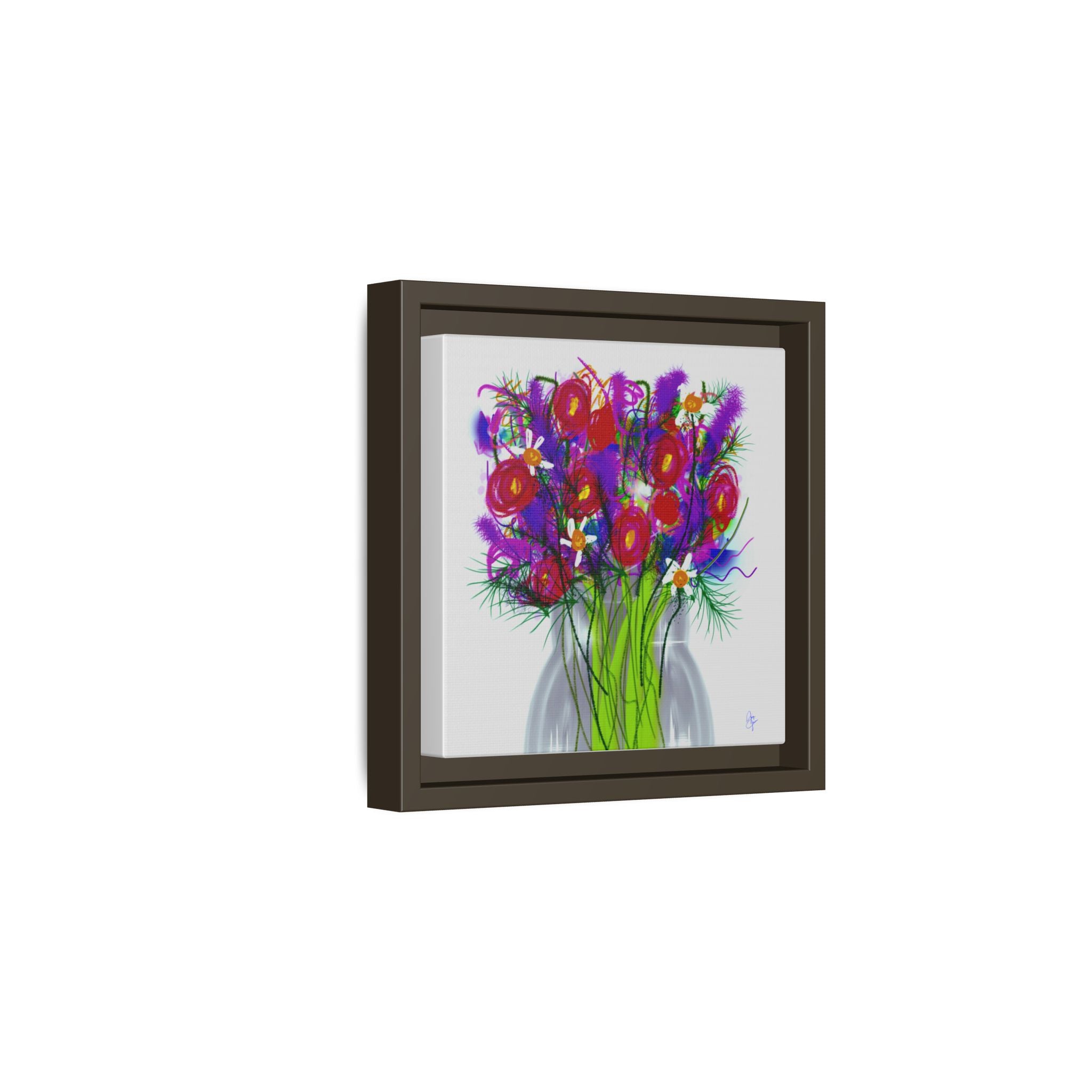 Framed Floral Bouquet Matte Canvas Wall Art — Colorful Abstract Flowers in Vase