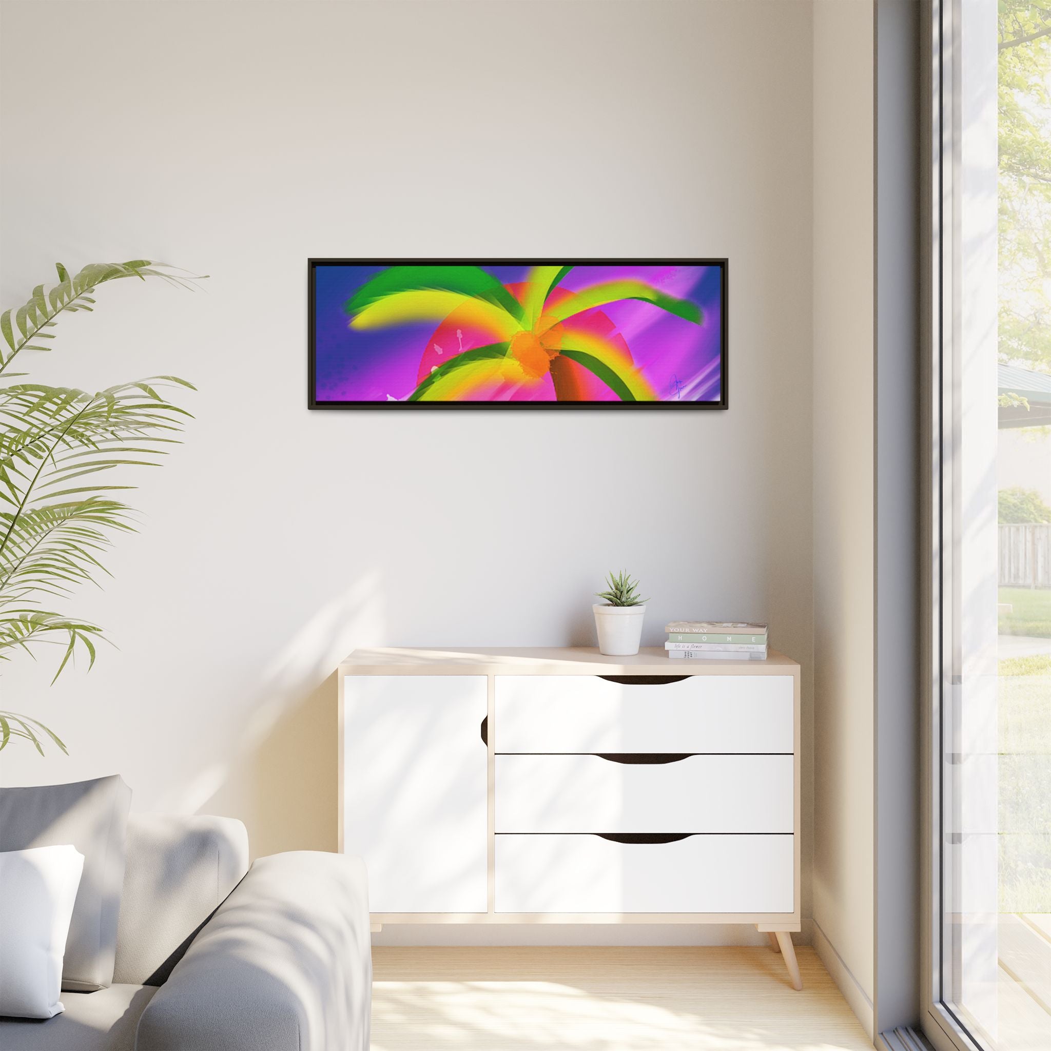 Framed Matte Canvas Print — Neon Palm Beach Art
