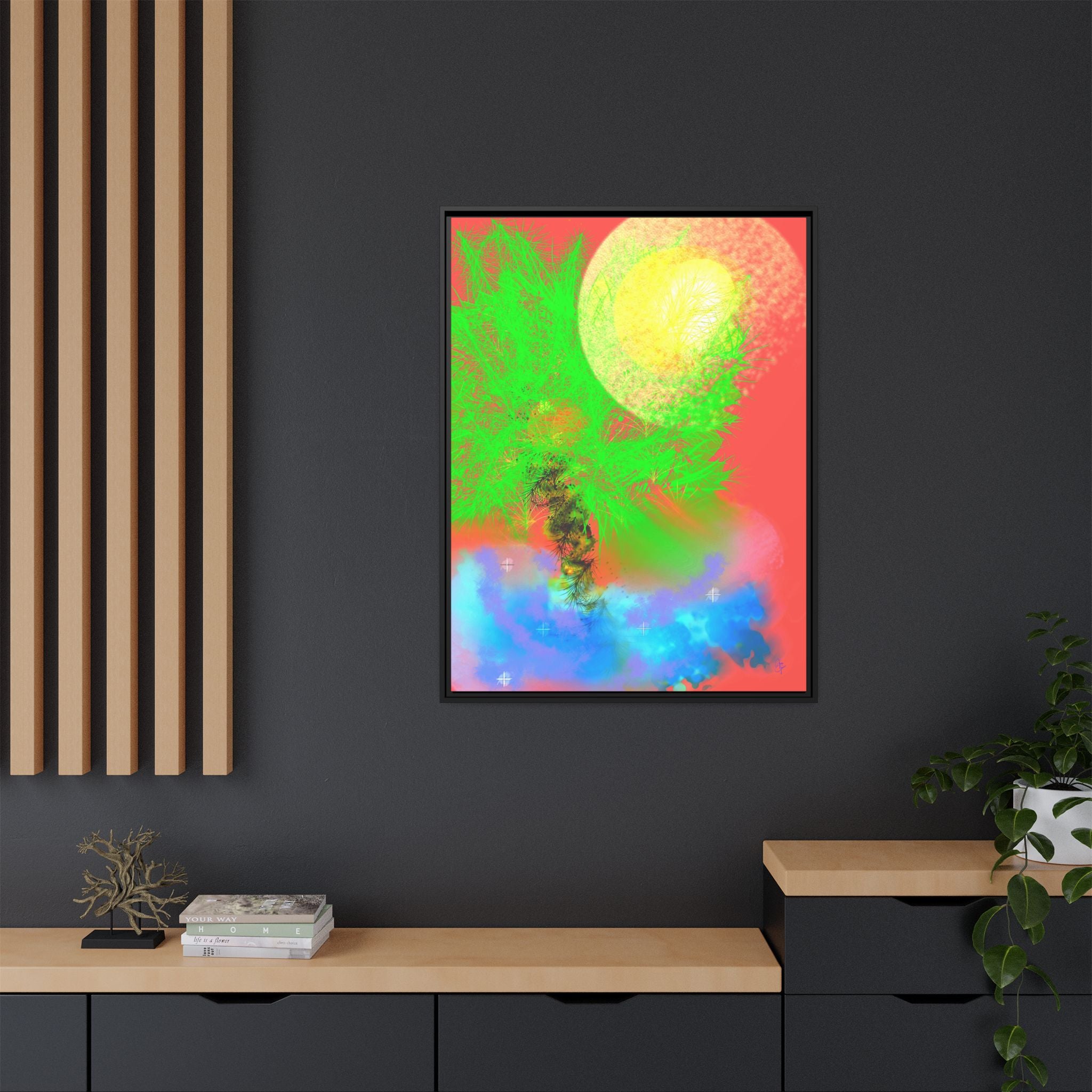 Abstract Neon Tree Matte Canvas Framed Art — Vibrant Green Moon Landscape