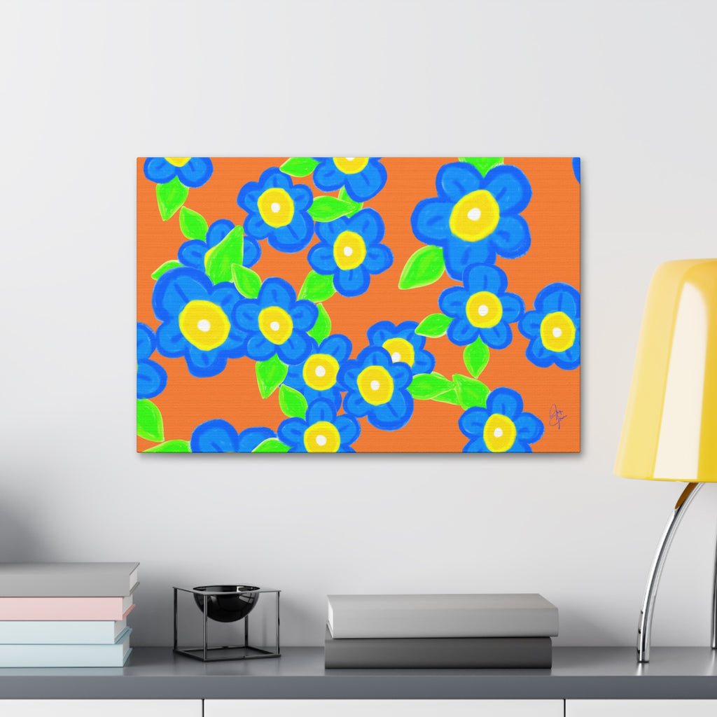 Blue Floral Canvas Wall Art — Bright Hand-Drawn Flowers on Mustard Background