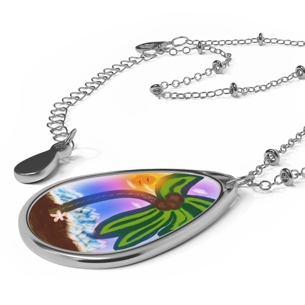 Tear Drop Necklace — Tropical Palm Beach Sunset Oval Pendant