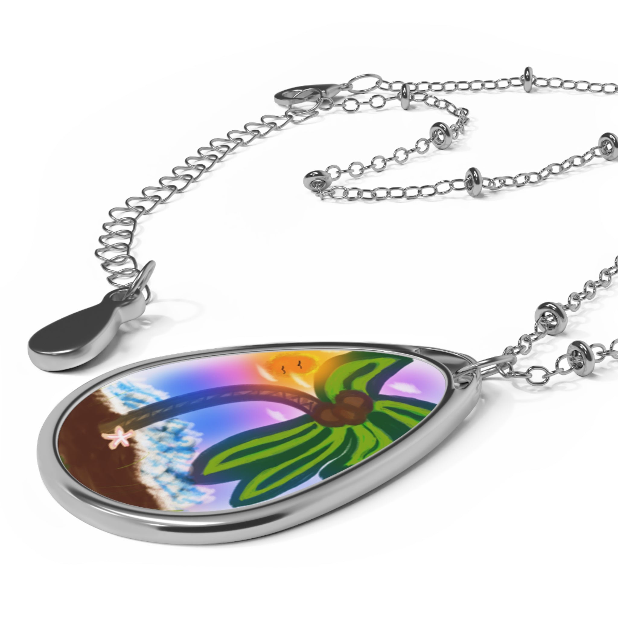 Tear Drop Necklace — Tropical Palm Beach Sunset Oval Pendant