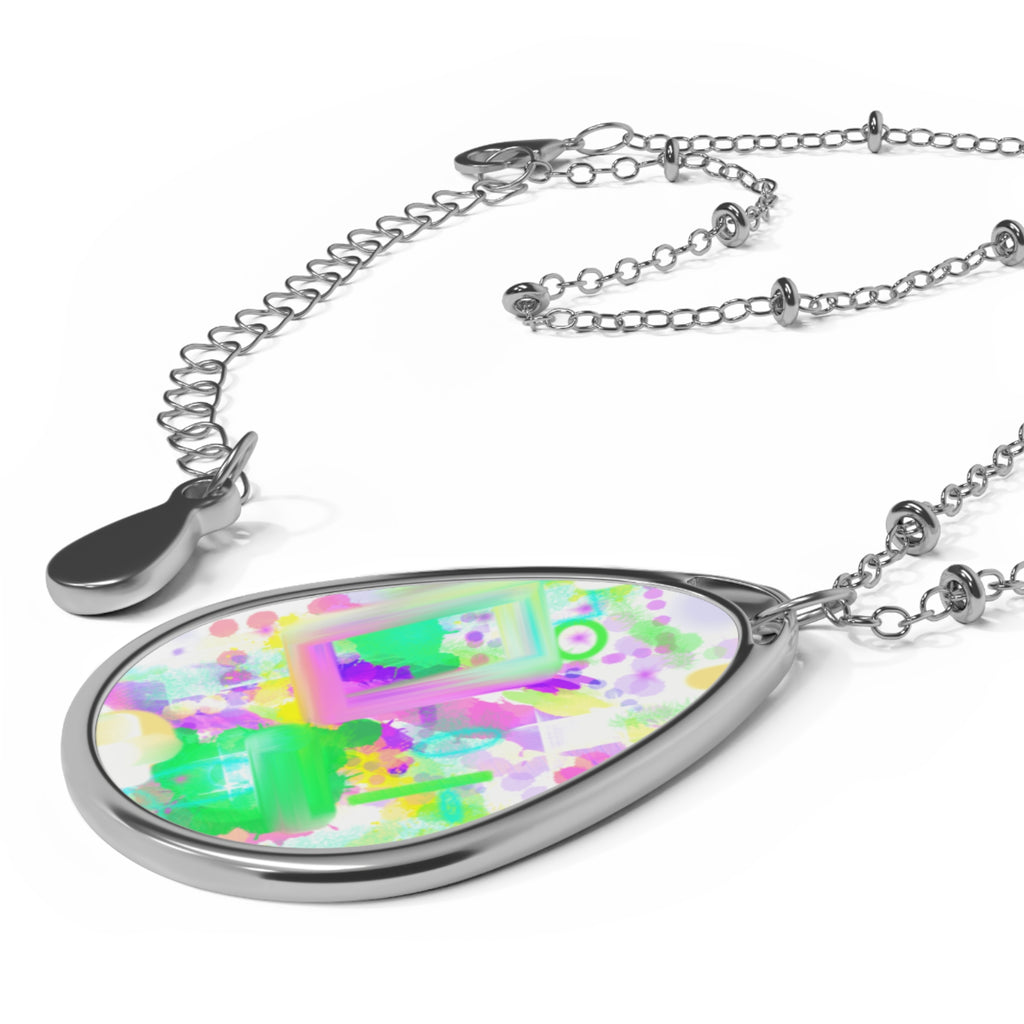Oval Pendant Necklace — Colorful Abstract Art Teardrop Necklace