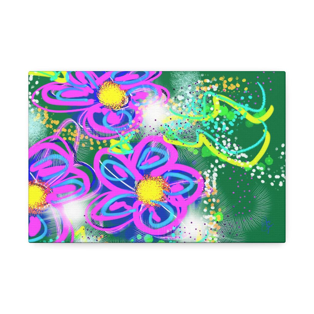 Vibrant Neon Floral Canvas Print — Pink & Green Stretched Wall Art