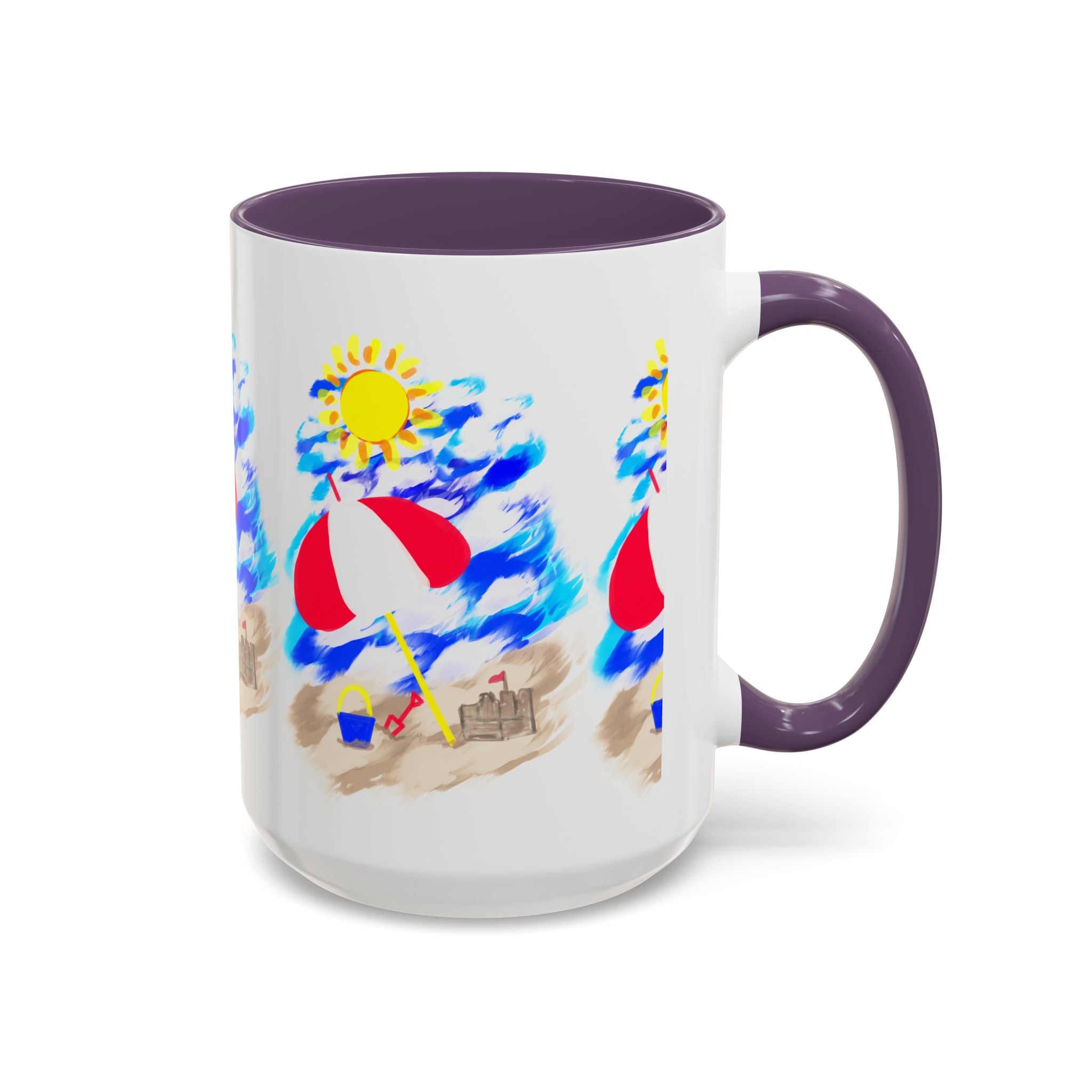 Beach Scene Coffee Mug – Summer Umbrella, Sun & Sandcastle Accent Mug