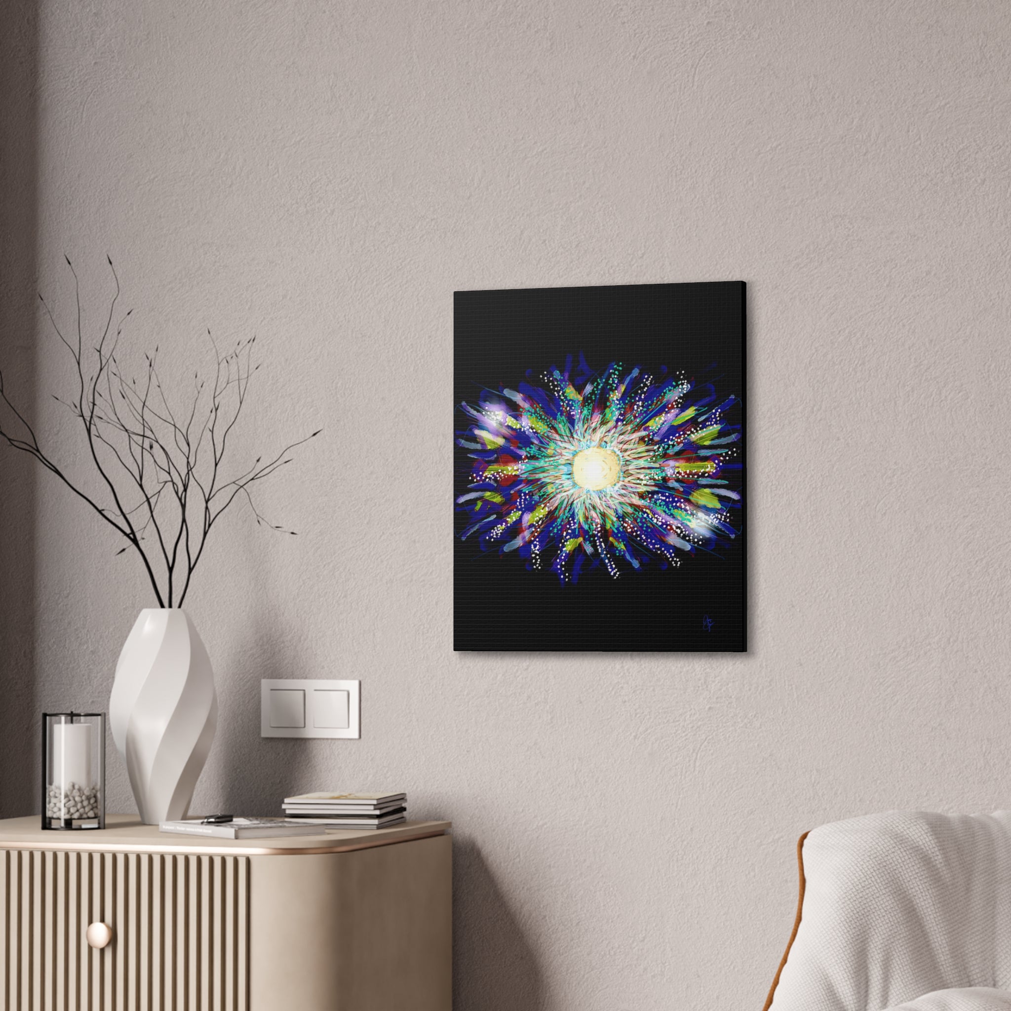 Abstract Cosmic Burst Canvas Wall Art — Colorful Sunflower Explosion on Black