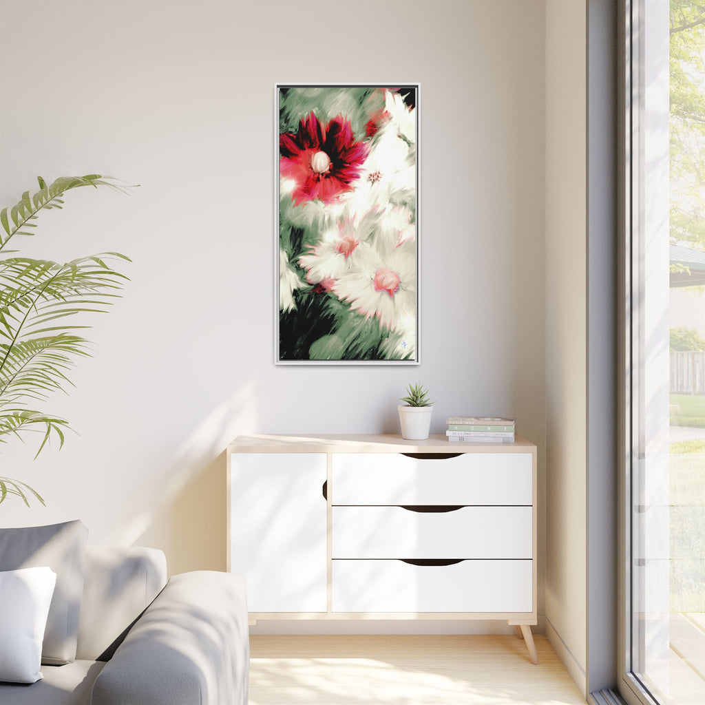 Framed Matte Canvas Print — Blurred Red & White Floral Art