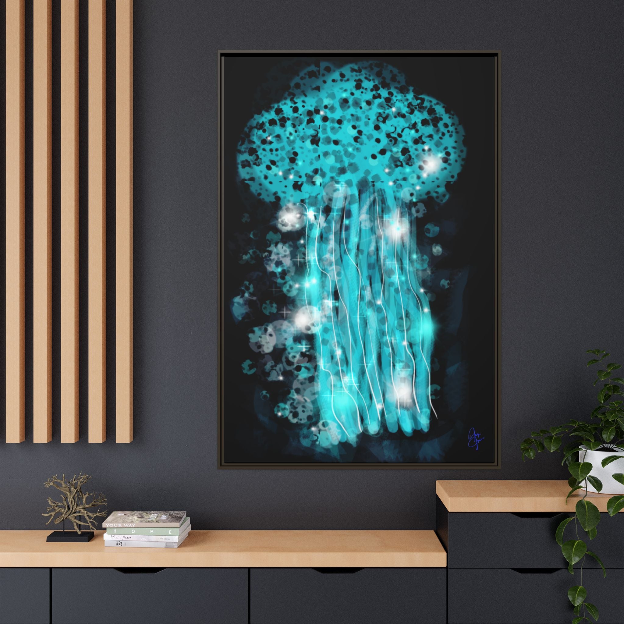 Glowing Jellyfish Art Print — Framed Matte Canvas