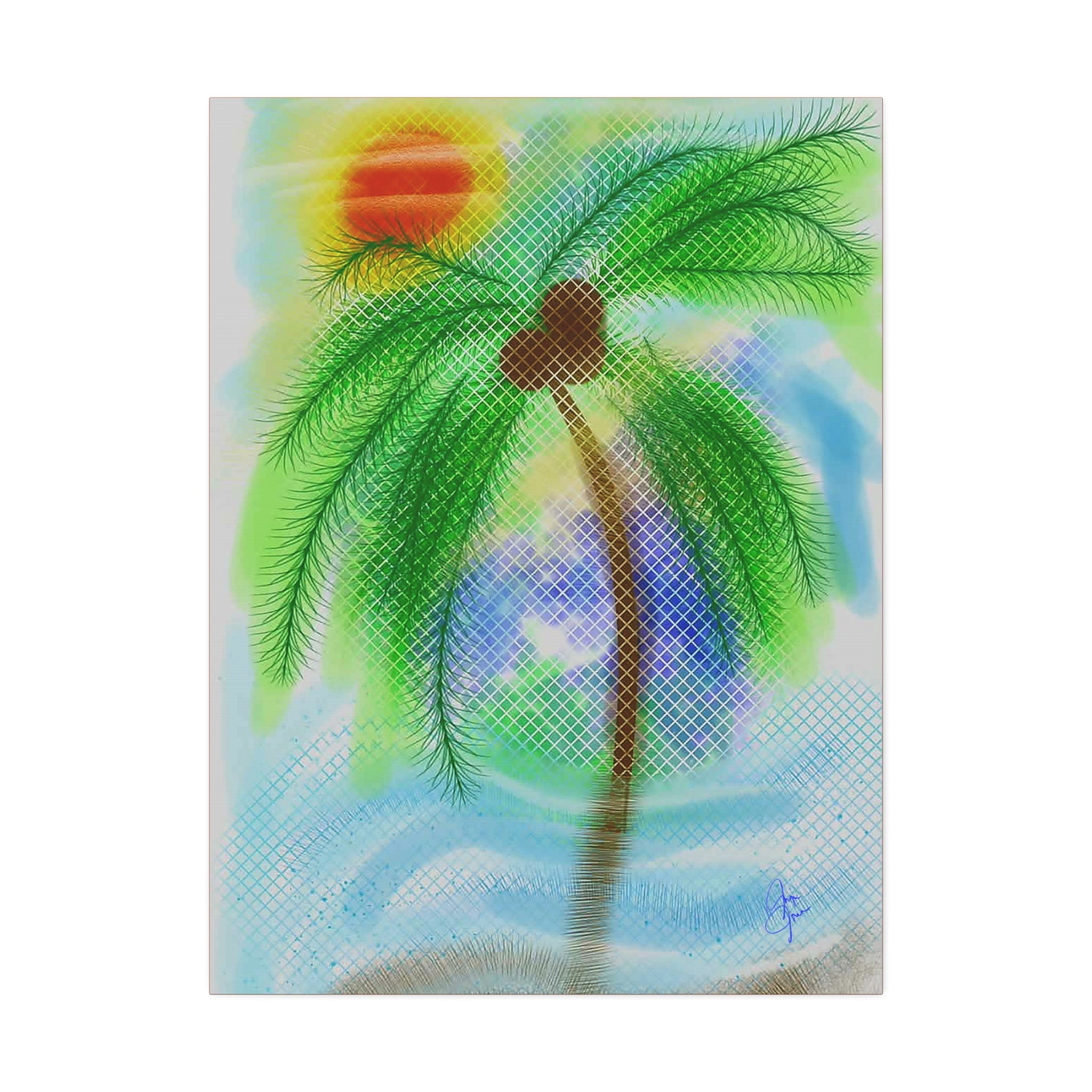 Tropical Palm Canvas Print – Heart Coconut Sunset Wall Art, Stretched 1.5"