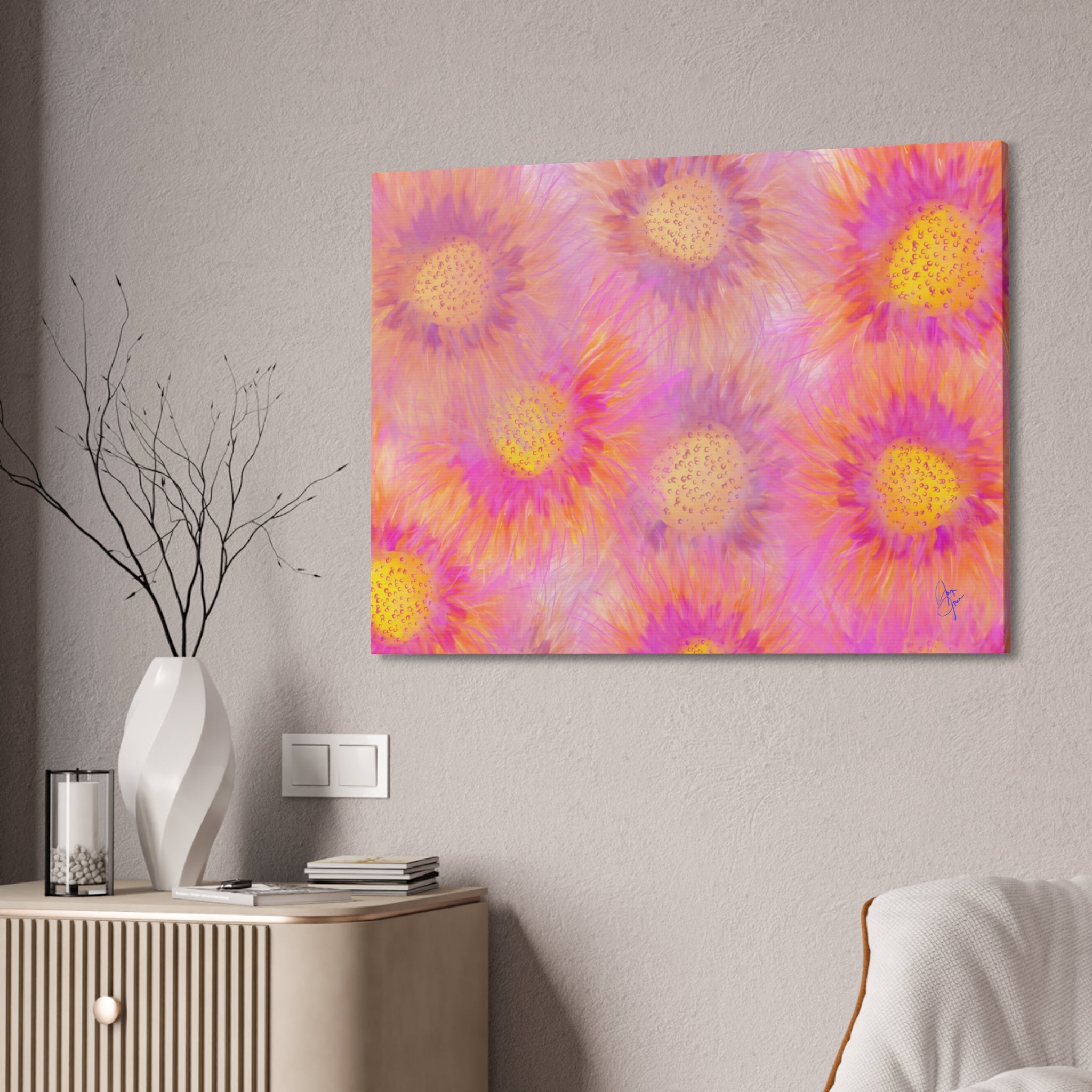 Sunburst Floral Canvas Wall Art — Pink & Yellow Abstract Sunflower Print