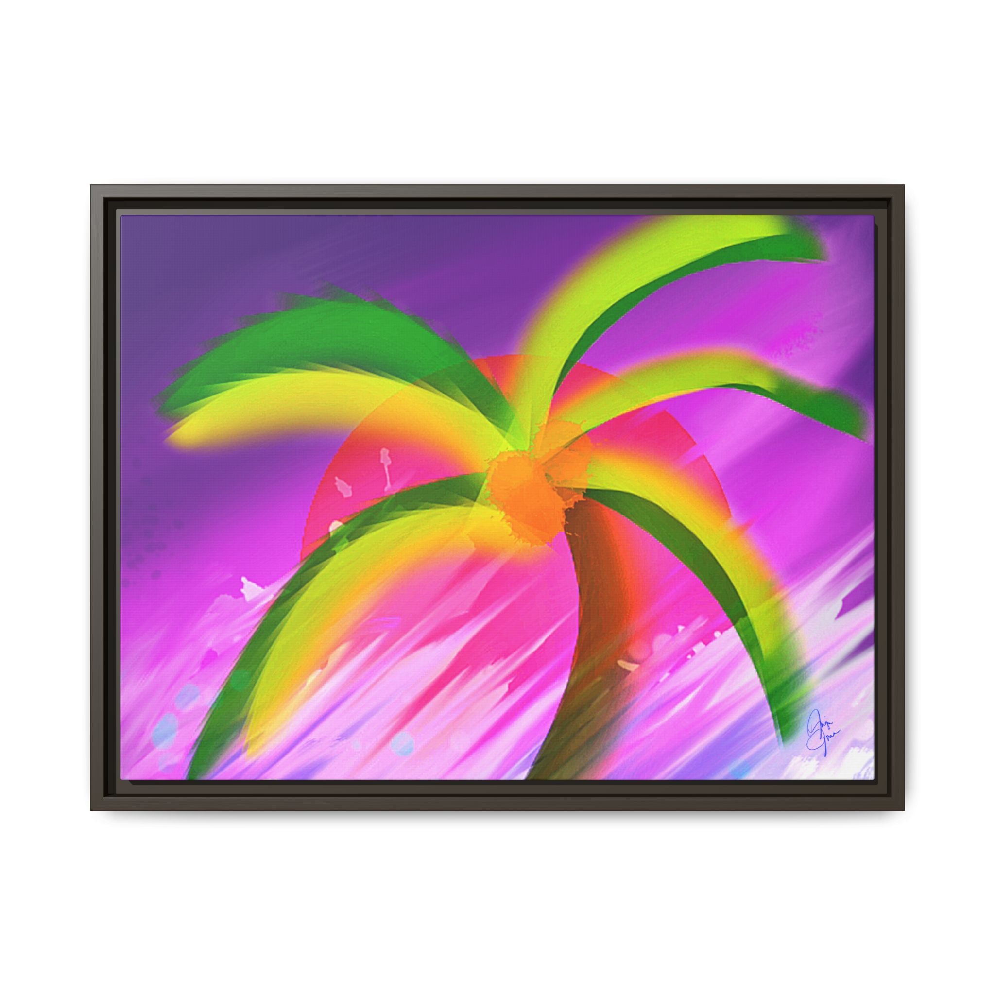 Framed Matte Canvas Print — Neon Palm Beach Art