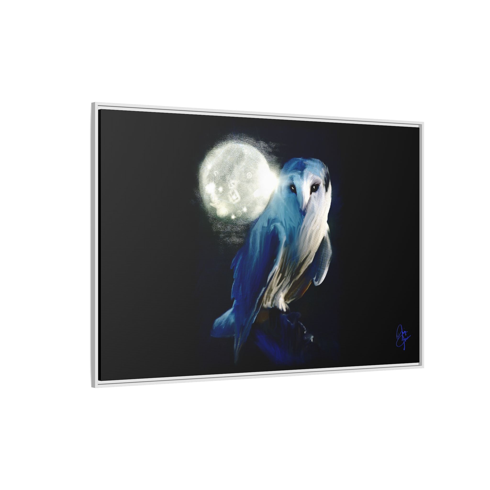 Moonlight Owl Matte Framed Canvas — Mystical Blue Owl Wall Art