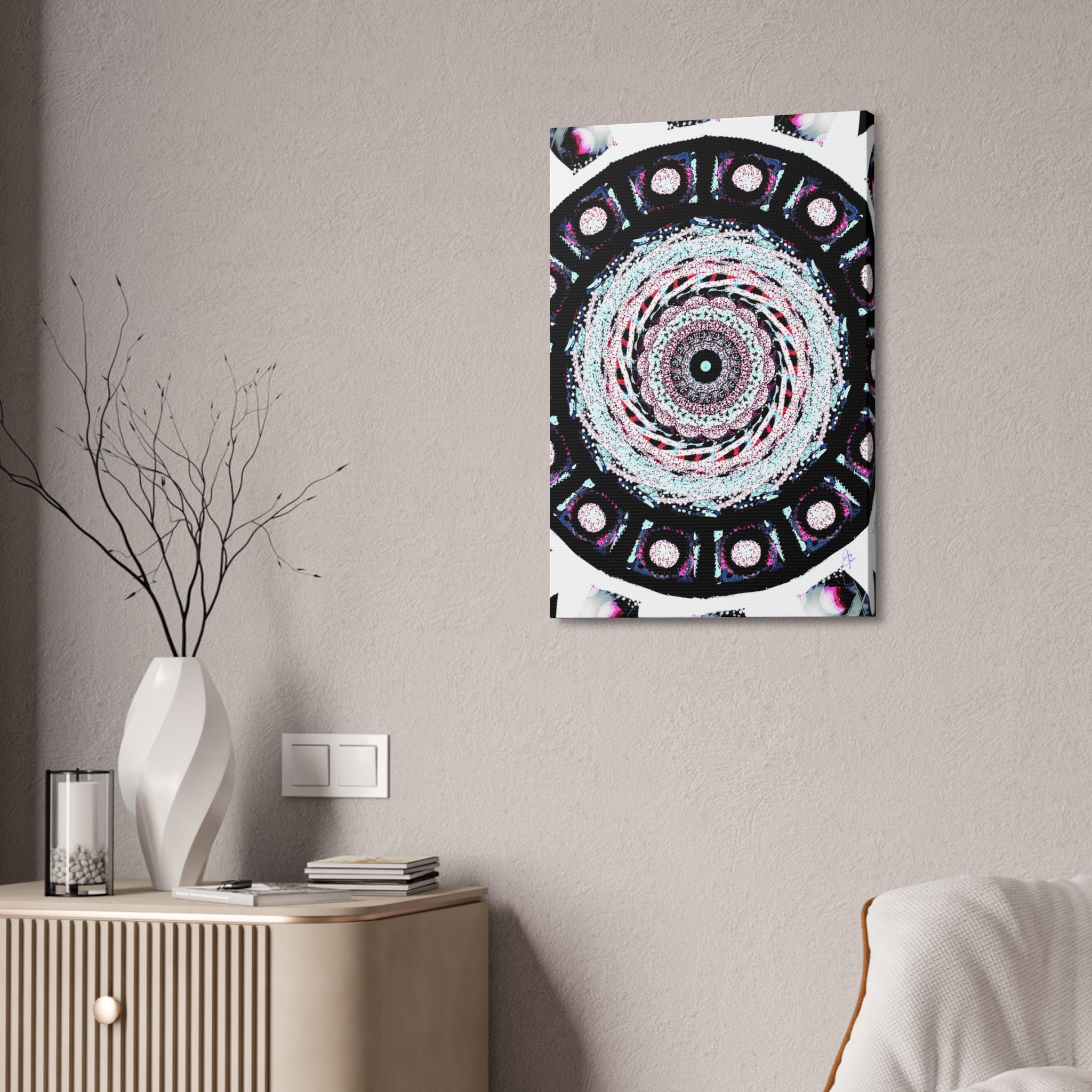 Mandala Kaleidoscope Canvas Wall Art — Psychedelic Pink & Teal Stretched Canvas (1.5")